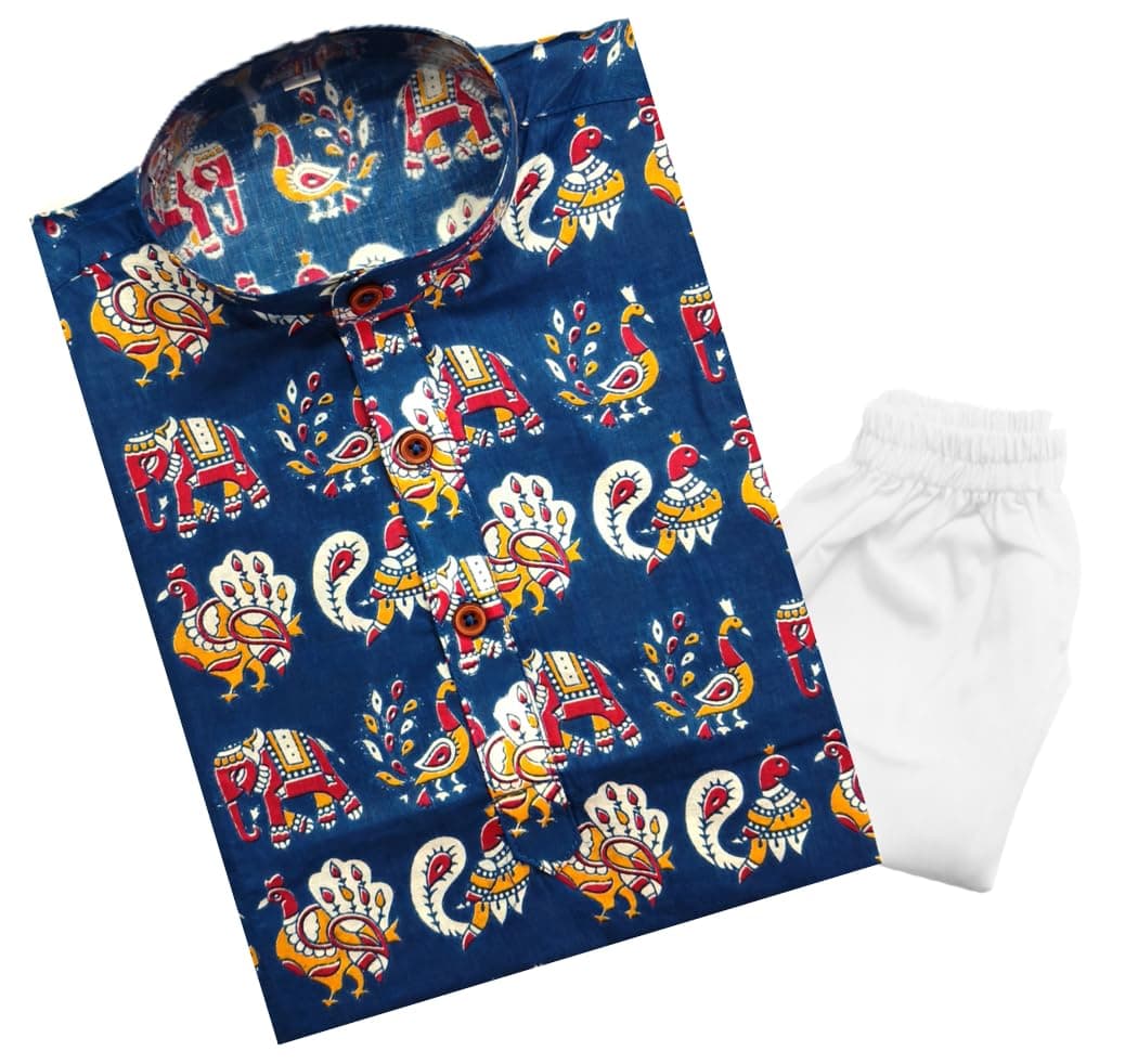 TinySteps Boys Cotton Kurta Pajama | Traditional Ethnic Wear Pure Cotton Printed Kurta With Elastic Waist White Pajama