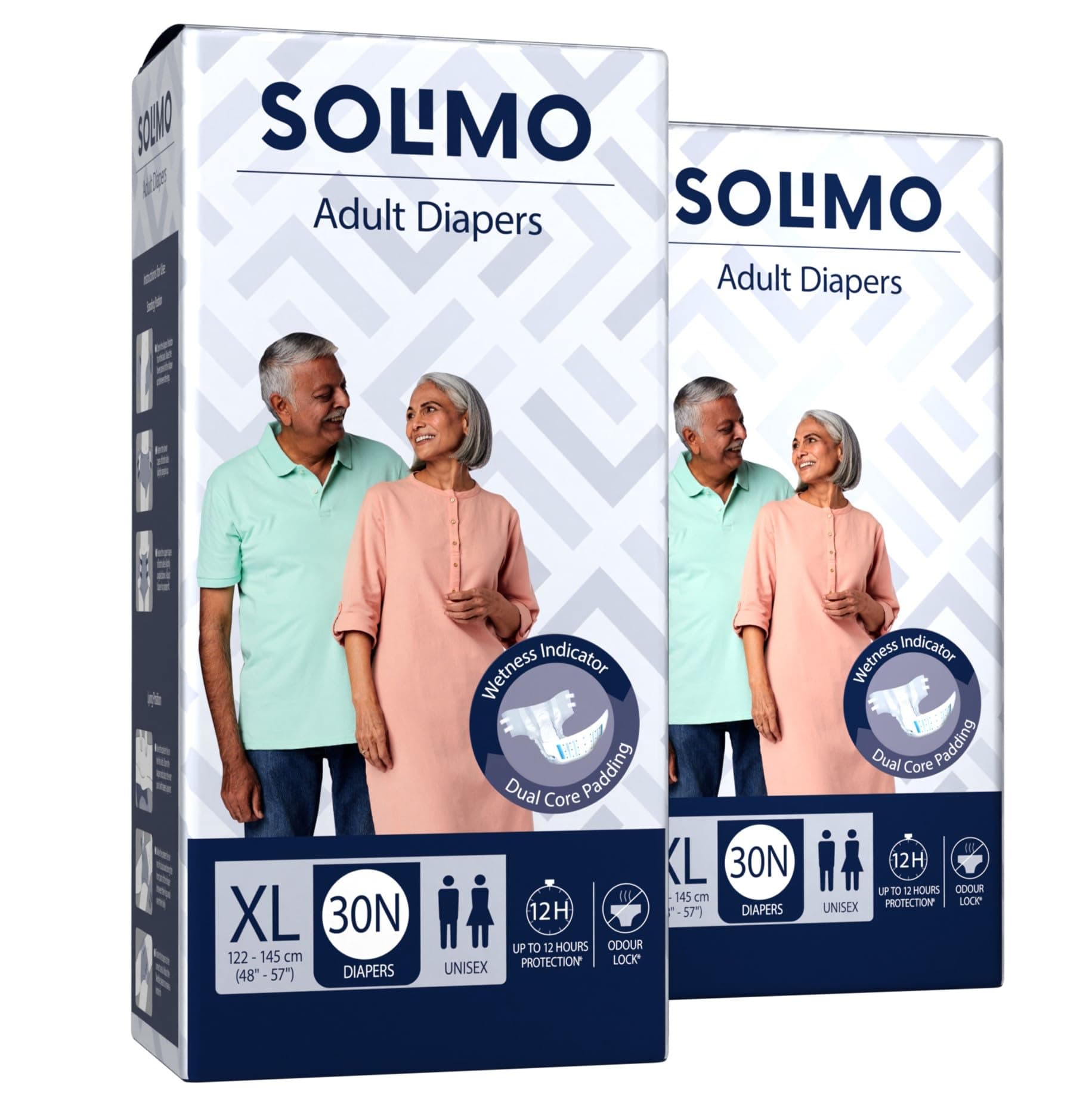 Amazon Brand-Solimo Adult Diapers,Tape Style|XL Size|60 Count|(30 x Pack of 2)|Waist 48-57 Inch(122-145 cm)|Unisex|Quick Absorption|Leak Proof Upto 12 Hours|Wetness Indicator|For Men & Women