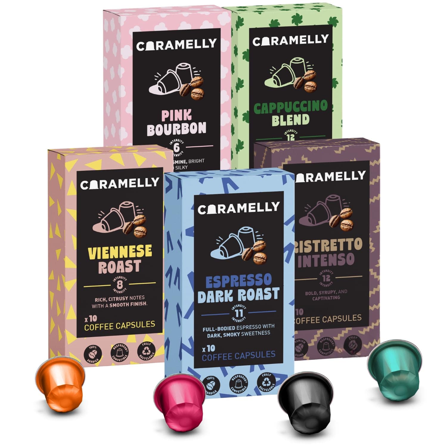 Caramelly Coffee Pods Variety Pack | Nespresso Compatible - 50 Aluminium Coffee Capsules | Box of 5, 50 Pods