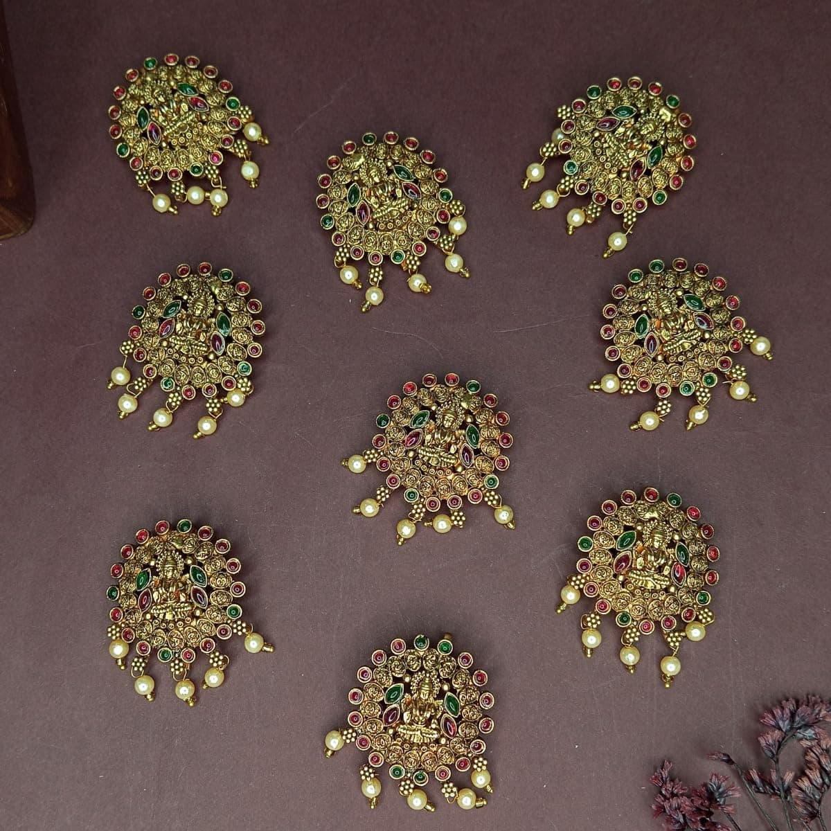 JWELLA Set of 9 Lakshmi Temple Design Choti Pins with Red & Green Enamel and Pearl Drops Traditional Juda Accessories for Bridal & Festive Hairstyles (Design 5)