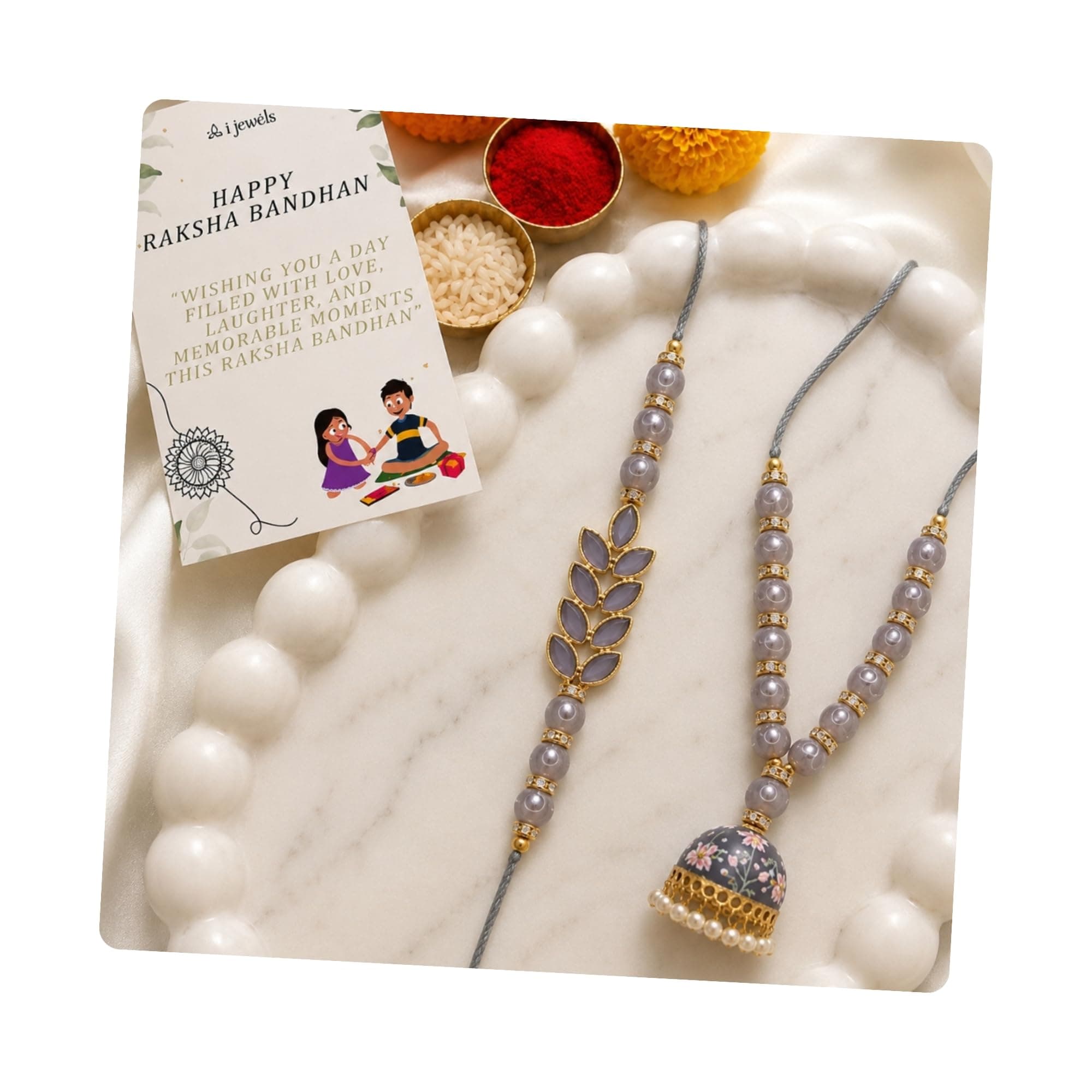 I Jewels Designer Kundan Pearl Bhaiya Bhabhi Lumba Rakhi Bracelet Combo Set With Roli Chawal & Rakshabandhan Card (R067CO)
