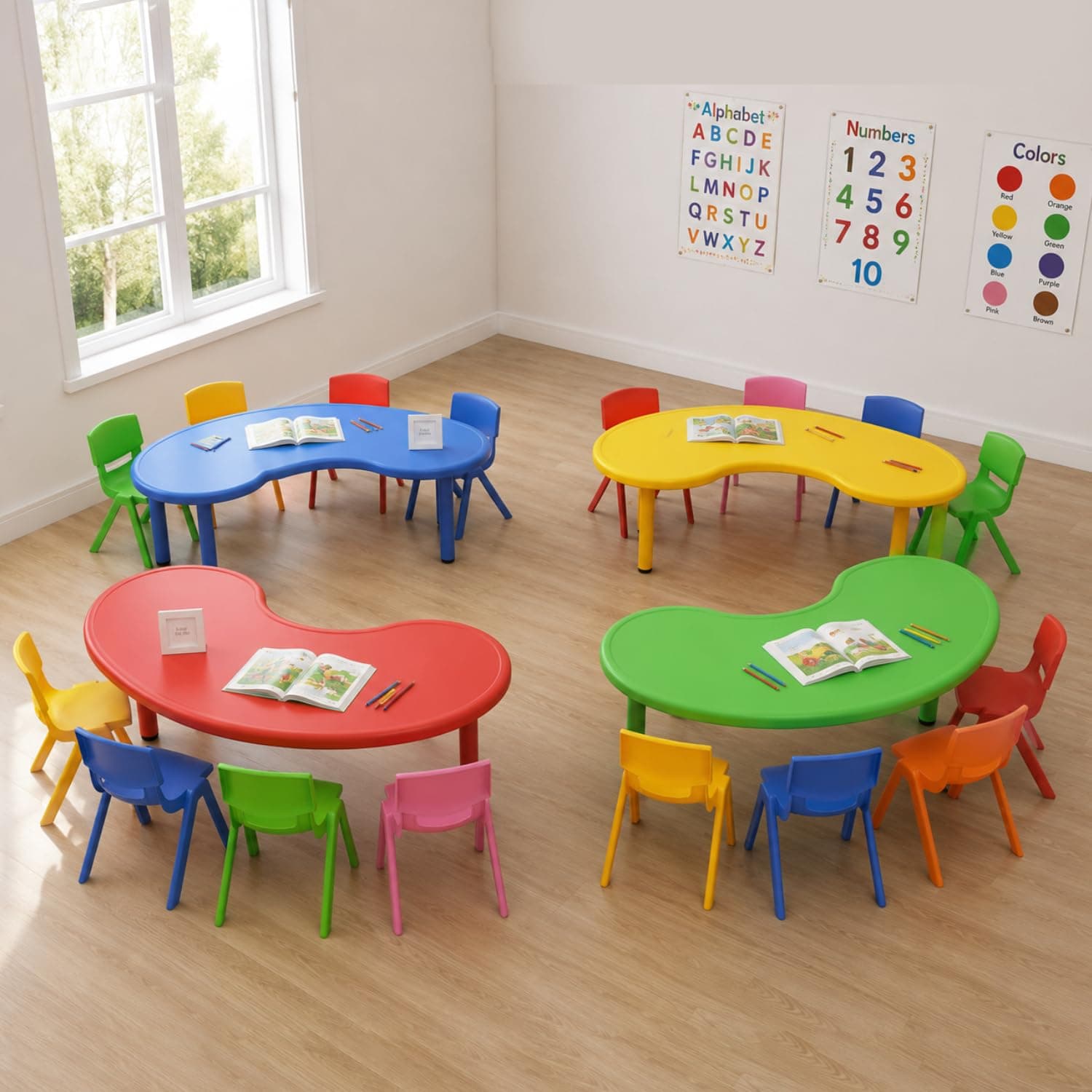 Her Home Moon Table for Kids - Half Round Moon Shape Plastic Table with 54 inch Length-Set of 4 Study Table for Kids at Home or School-Indoor and Outdoor–Color May Vary–Chairs NOT Included (4 Table)