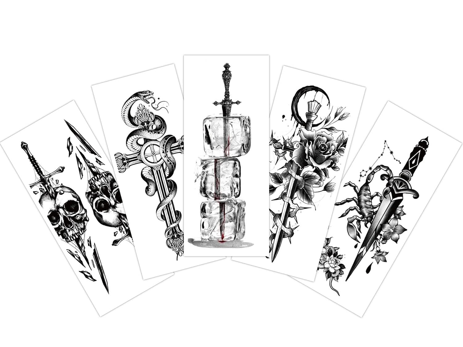 S.A.V.I 5pcs. Temporary Tattoo Stickers Combo Of Sword, Snake on Cross, Skull, Scorpoin, Flowers Mix Designs For Men Girls Boys Women Size 10.5x6cm Black