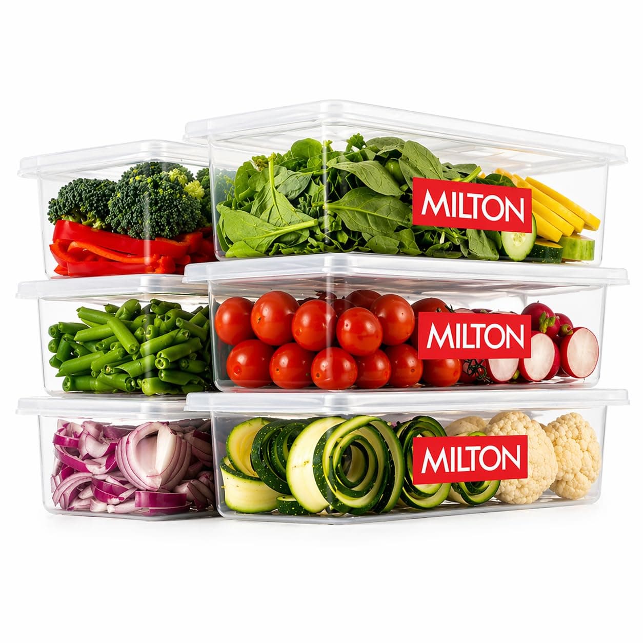 MILTON Cryo Fridge Storage Boxes Set of 6 Fridge Organizer Container with Waterproof Vinyl Stickers & Removable Drain Plate, Lid, Stackable Box, Plastic Containers 1500 ml, Transparent