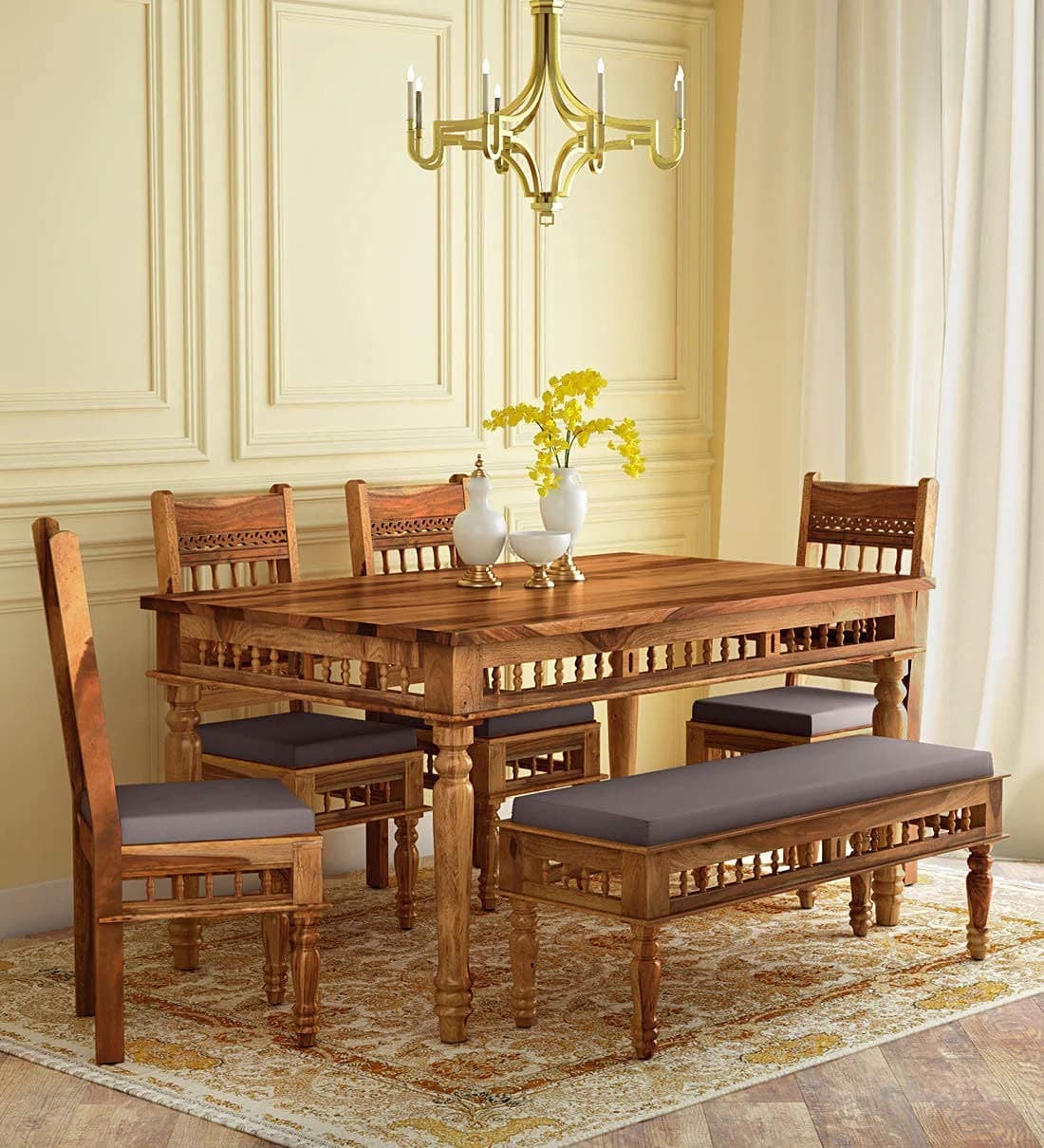 BN Furniture Solid Sheesham Wood Traditional Dining Table Set with Cushioned Chairs & Bench | Wooden Dining Table Set for Dining Room, Home, Hotel & Restaurant | Natural Brown Finish