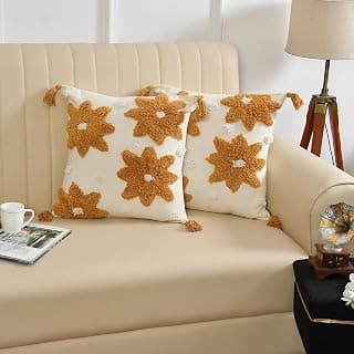 Tufted Cushion Cover 16 inch x 16 inch | Bedroom Cushions Set for Bed | Living Room Cushions for Sofa | Yellow Flower Pack of 1