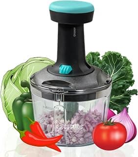 E-COSMOS® Manual Food Chopper, 900ml Hand-Press Vegetable Cutter & Mixer with 4 Stainless Steel Blades, Ideal for Onions, Salads, and Potatoes, Ocean Blue (Ocean Blue)