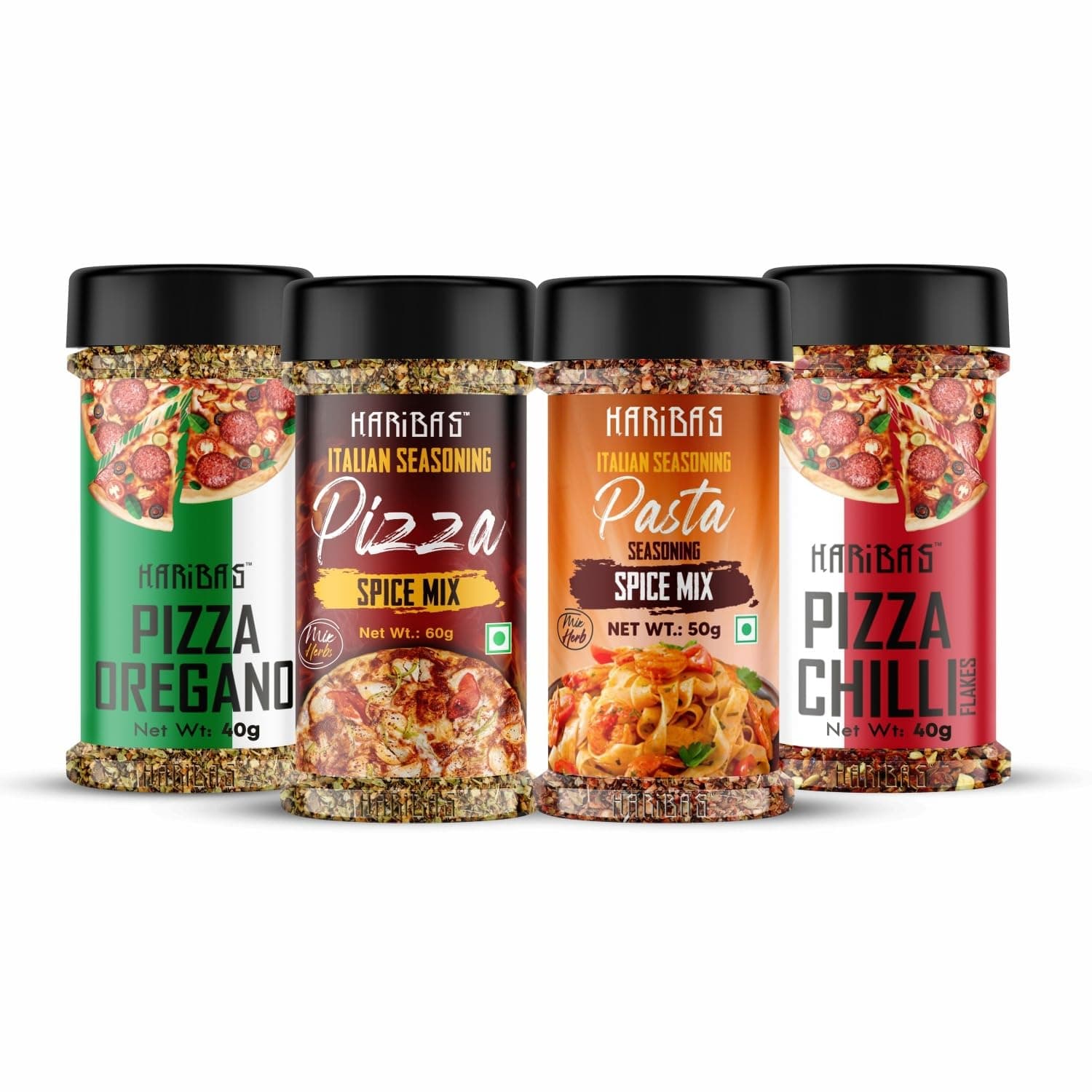 HARIBAS Italian Combo Pasta 50gm, Chilli Flakes 40gm, Oregano 40gm and Pizza Spice Mix 60gm (Pack of 4)