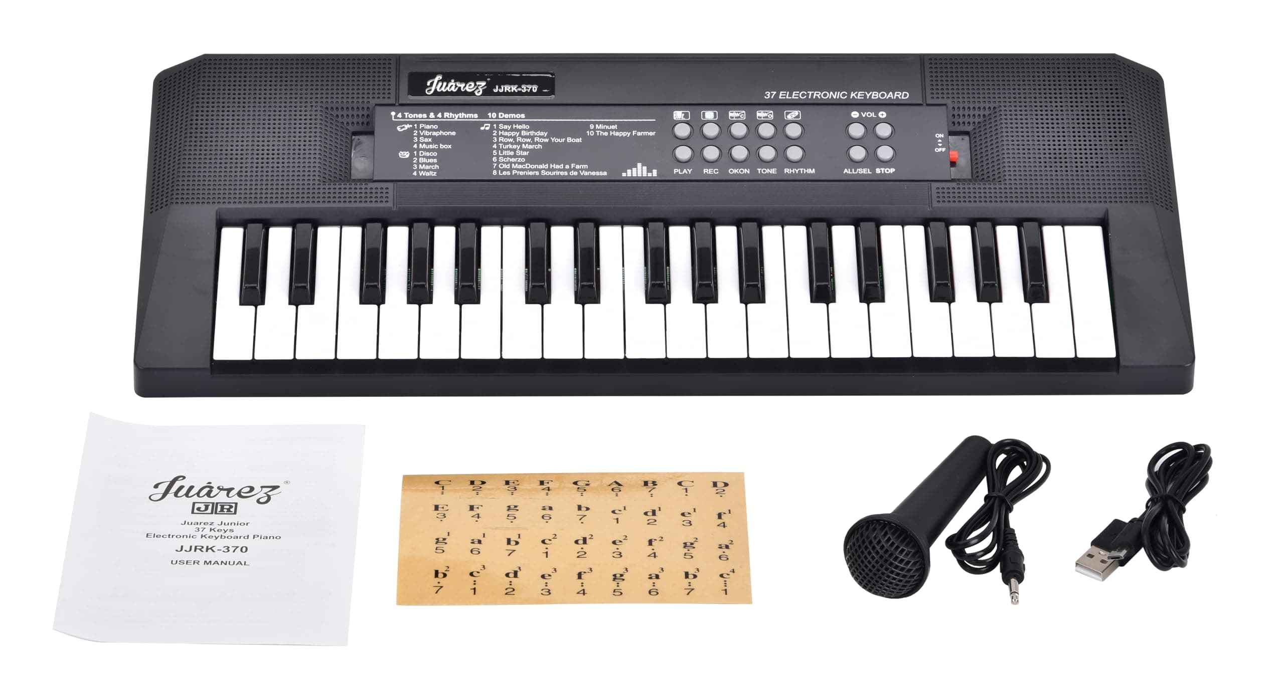 Juarez Junior 37 Keys Electronic Keyboard with Microphone USB power cord, Single speaker JJRK-370, clear