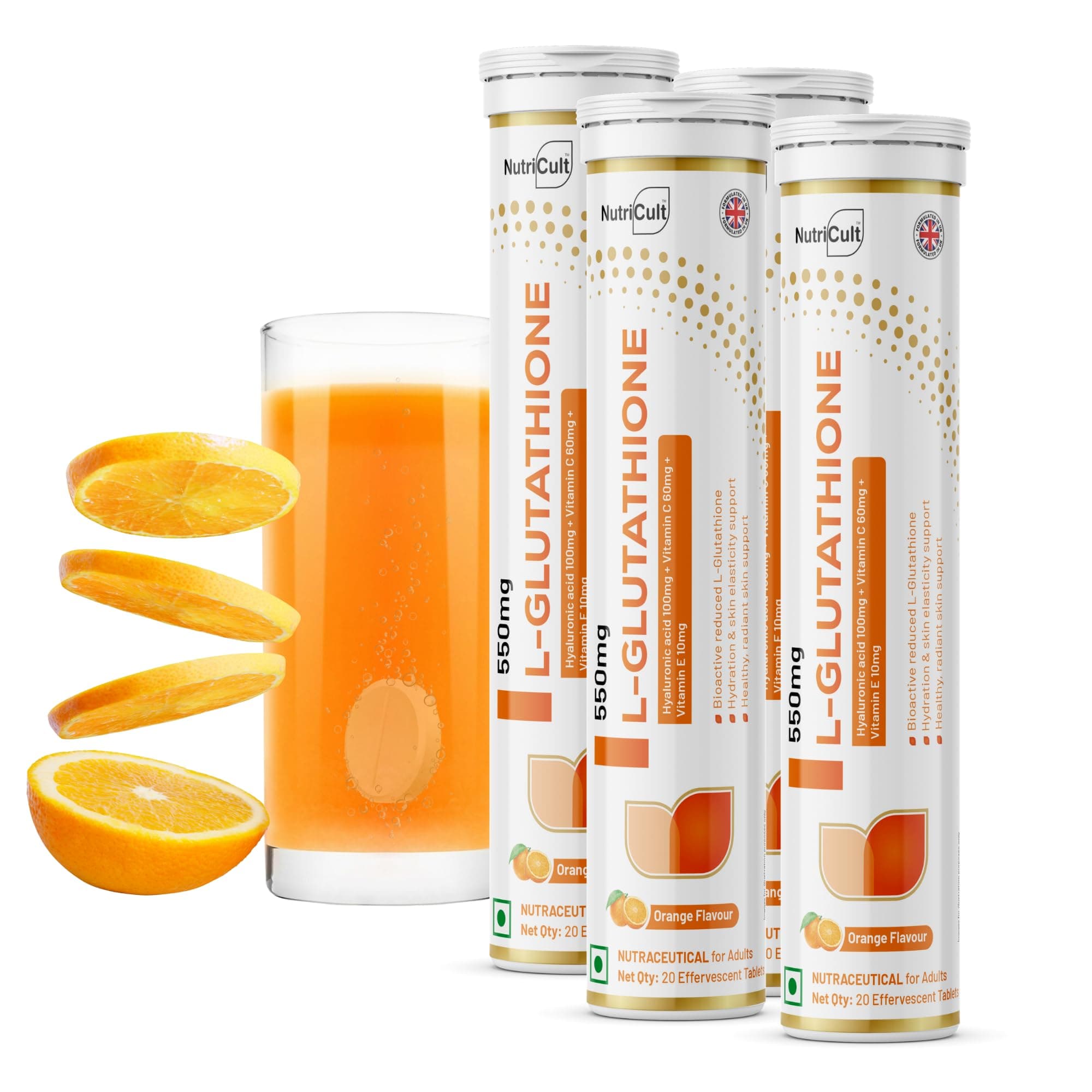 Nutricult L-Glutathione 550mg - 80 Effervescent Tablets Glutathione Effervescent Tablets for Glowing Skin with Hyaluronic Acid Vitamin C & Vitamin E | Skin Glow Supplement For Clear Skin | Orange