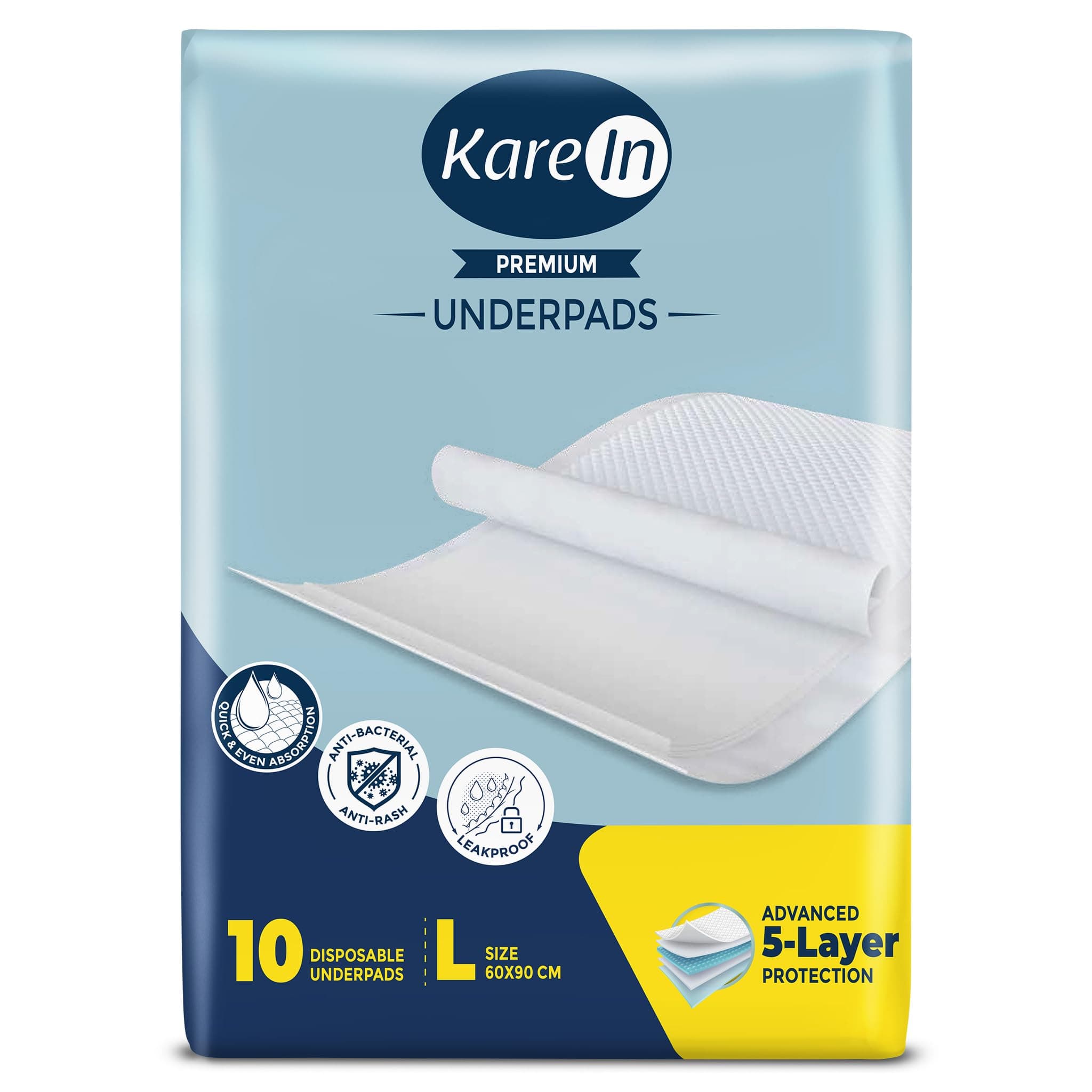 KareIn Premium Underpads For Adults, Large 60 x 90 cm, 10 Unit, Highly Absorbent, Anti-Bacterial, Rash Protection, Leak Proof, Protects Surfaces from Incontinence, Odor Control, Super Soft