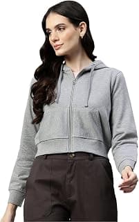 Generic Barmanic Casual Long Sleeve Solid Front Zipper Crop Hoodie for Women and Girls