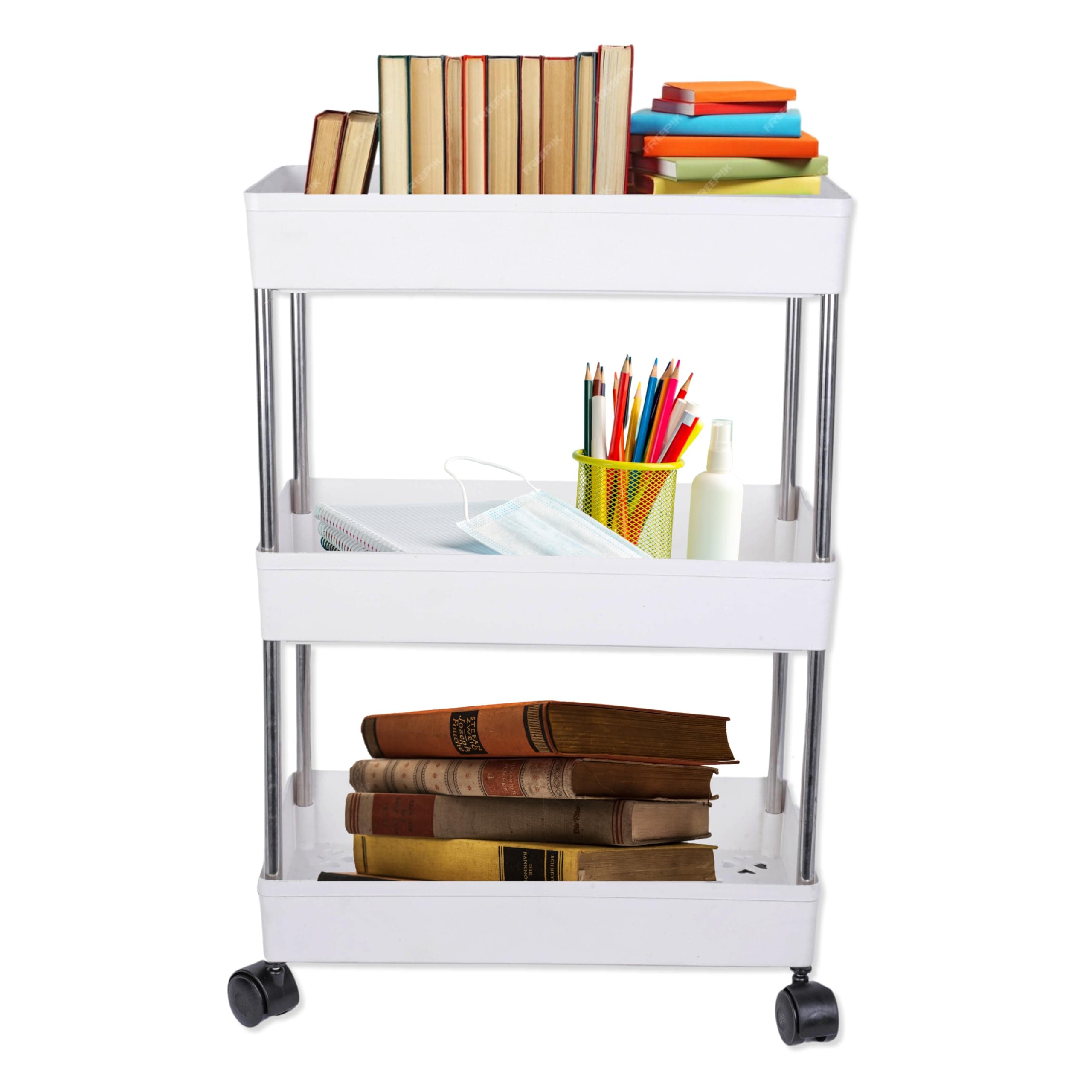 PULSBERY Plastic Multipurpose Storage Organizer Slim Rack Shelf with Wheels for Living Room, Office, Bedroom, Bathroom, Kids Room, Kitchen Trolley (White, 3 Layer)