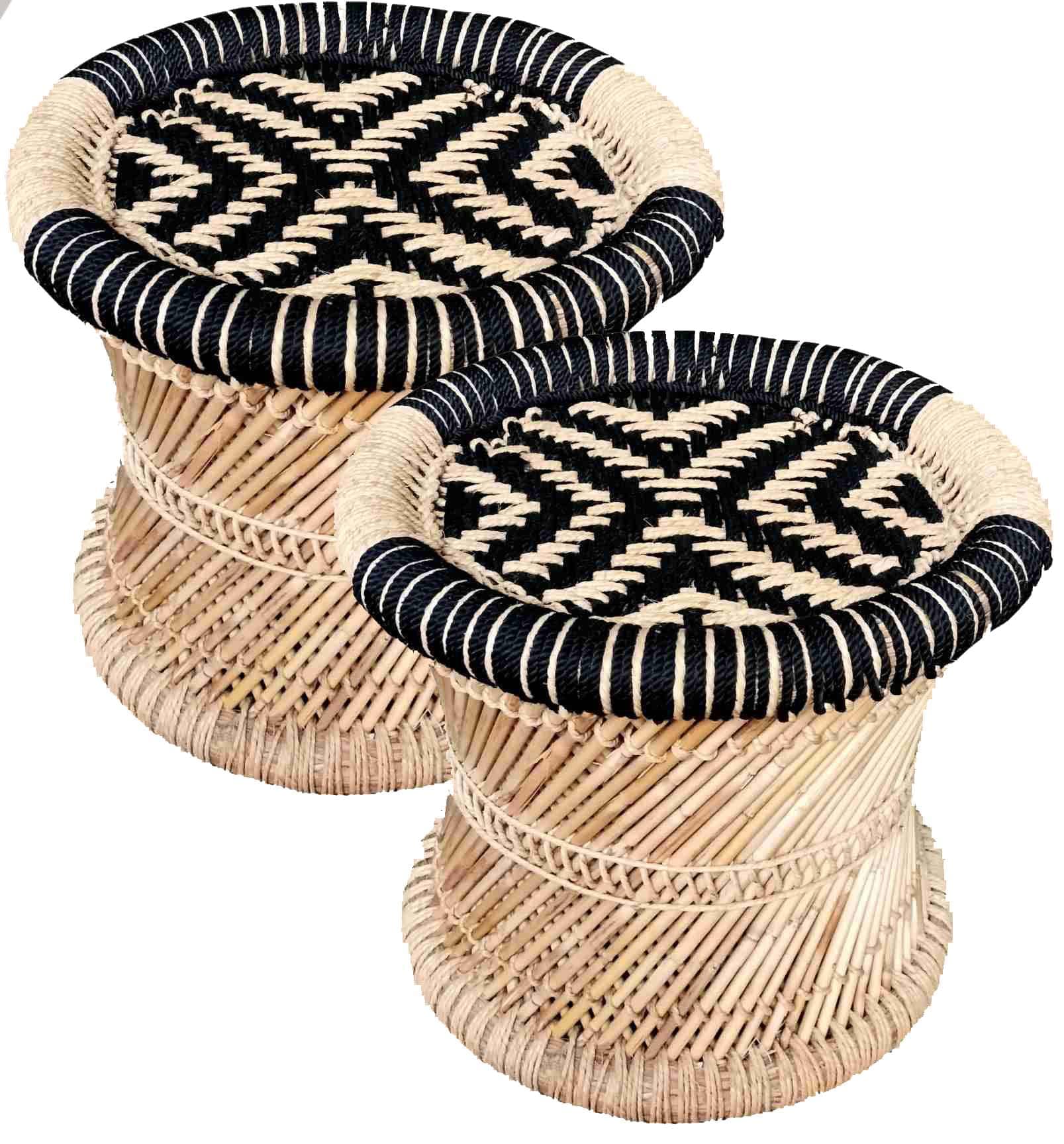 Pure Handmade bamboo mudda Stool/chair for living room/office/home/indoor/outdoor garden with Round Shape with combo Pack of-2 (15X15), Black And Beige