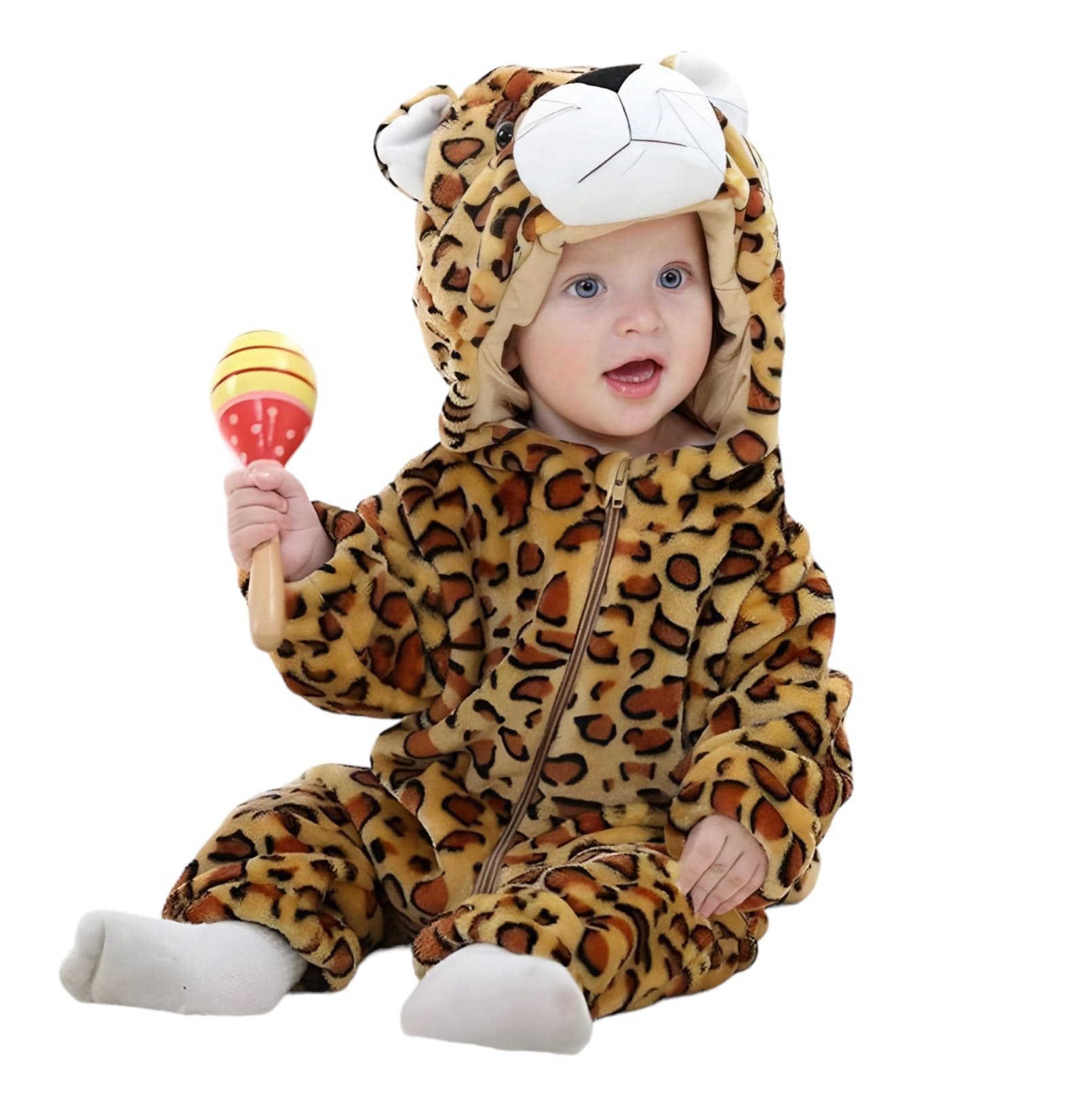 BRANDONN Unisex Baby Flannel Jumpsuit Panda Style Cosplay Clothes Outfits Snowsuit Hooded Romper Outwear (Leopard Prints, 12-18 Months, Length 65 cm x Chest 35 cm)