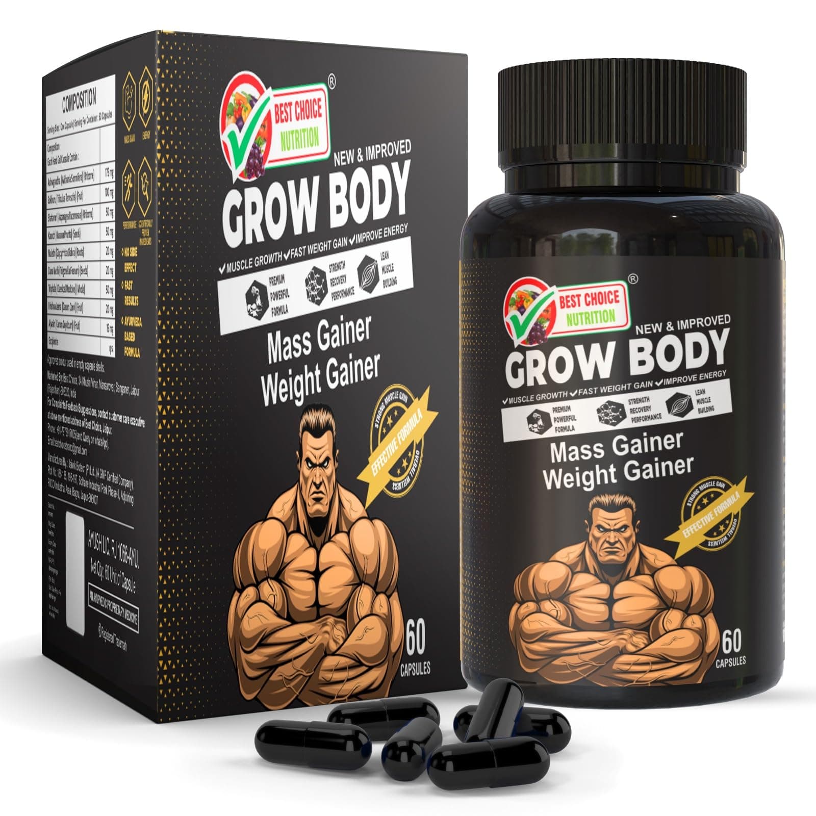 Best Choice Nutrition Grow Body Mass Gainer Weight Gainer, Muscle Growth, Fast Weight Gain, Improve Energy, Ayurvedic Herbs, 60 Capsules