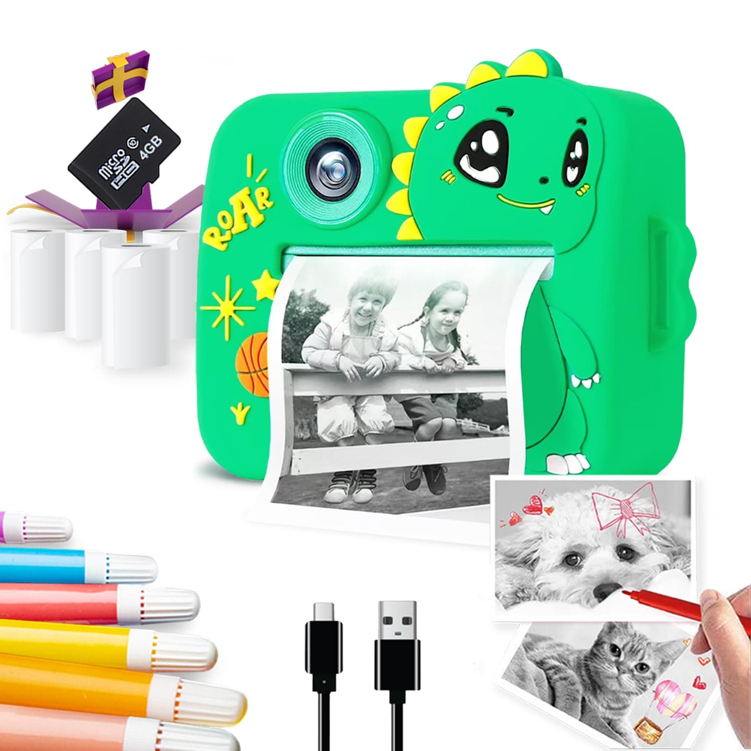 Wembley DIY Instant Print Camera for Kids 3+| Includes Print Rolls, 4GB SD Card & Strap| Fun & Rechargeable Birthday Gift for Boys & Girls (Dino)