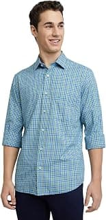 Colorplus Men's Checks Pattern Regular Fit Pure Cotton Full Sleeve Plain Collar Casual Shirt