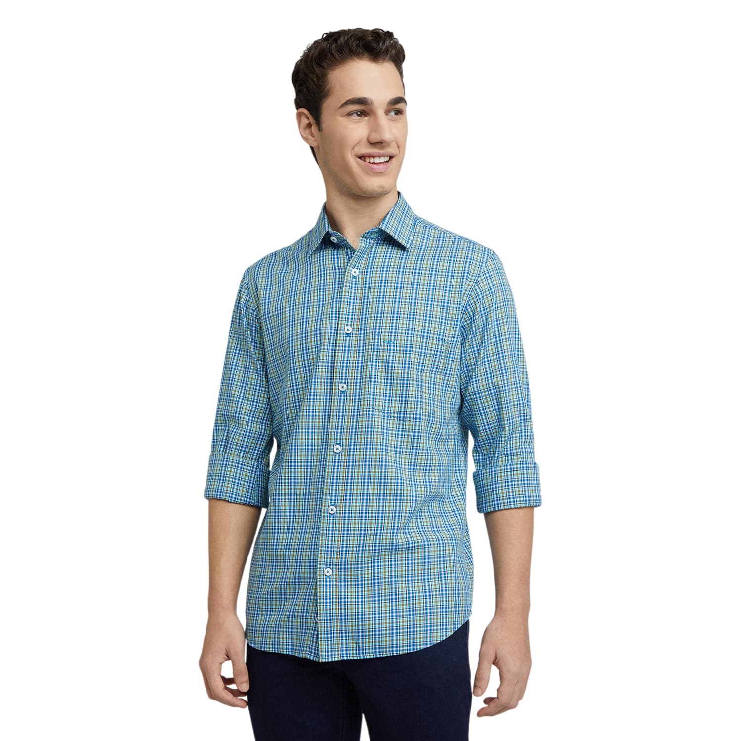 Colorplus Men's Checks Pattern Regular Fit Pure Cotton Full Sleeve Plain Collar Casual Shirt