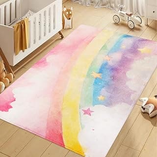 ABREEZE Kids Rainbow Rug Play Mat Ultra Soft Rugs for Kids Room, 4'x5.3' Non Slip Multi Color Children Nursery Rug Baby Rug Area Rug Kids Carpet for Bedroom Decor Playroom Living Room