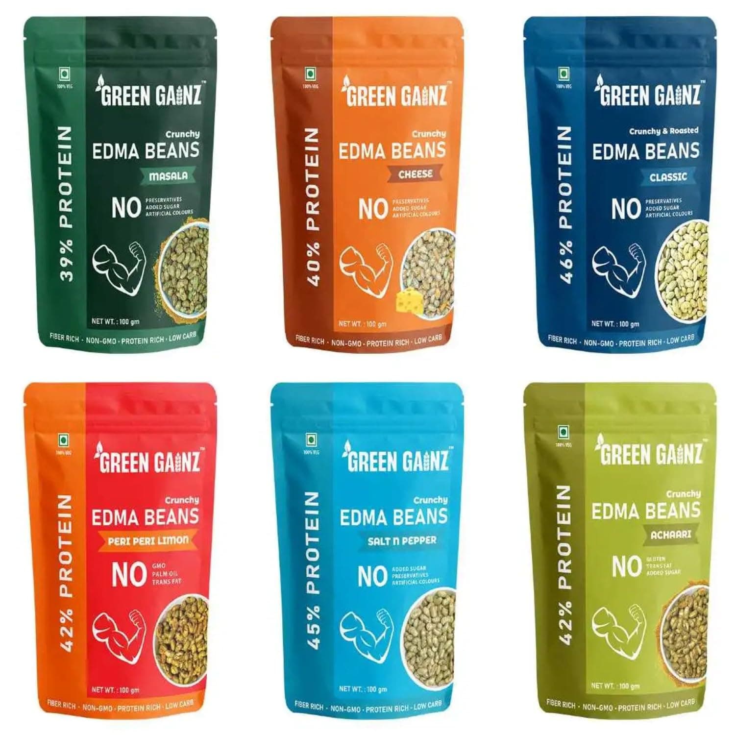 Green Gainz Roasted Edamame 6 Flavours(pack of 6-100gm each) | Healthy Snacks for Adults | 100% Veg Protein Rich Snacks | Healthy Namkeen | No Palm Oil | Roasted