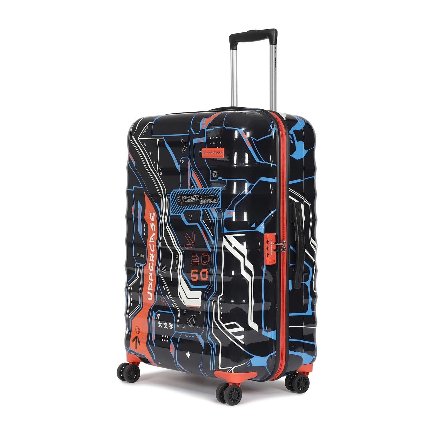 uppercase Cyber Punk (Large) 76Cms|Check-In Inline Trolley Bag For Travel|Polycarbonate Hardshellsided Printed Luggage|Combination Lock|8 Wheel Trolley Bag|Suitcase For Unisex|(Black),H-75.5 cms
