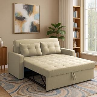 Casaliving Treshta 2 Seater Pull-Out Premium Fabric Sofa Cum Bed for Living Room (Cream Color)