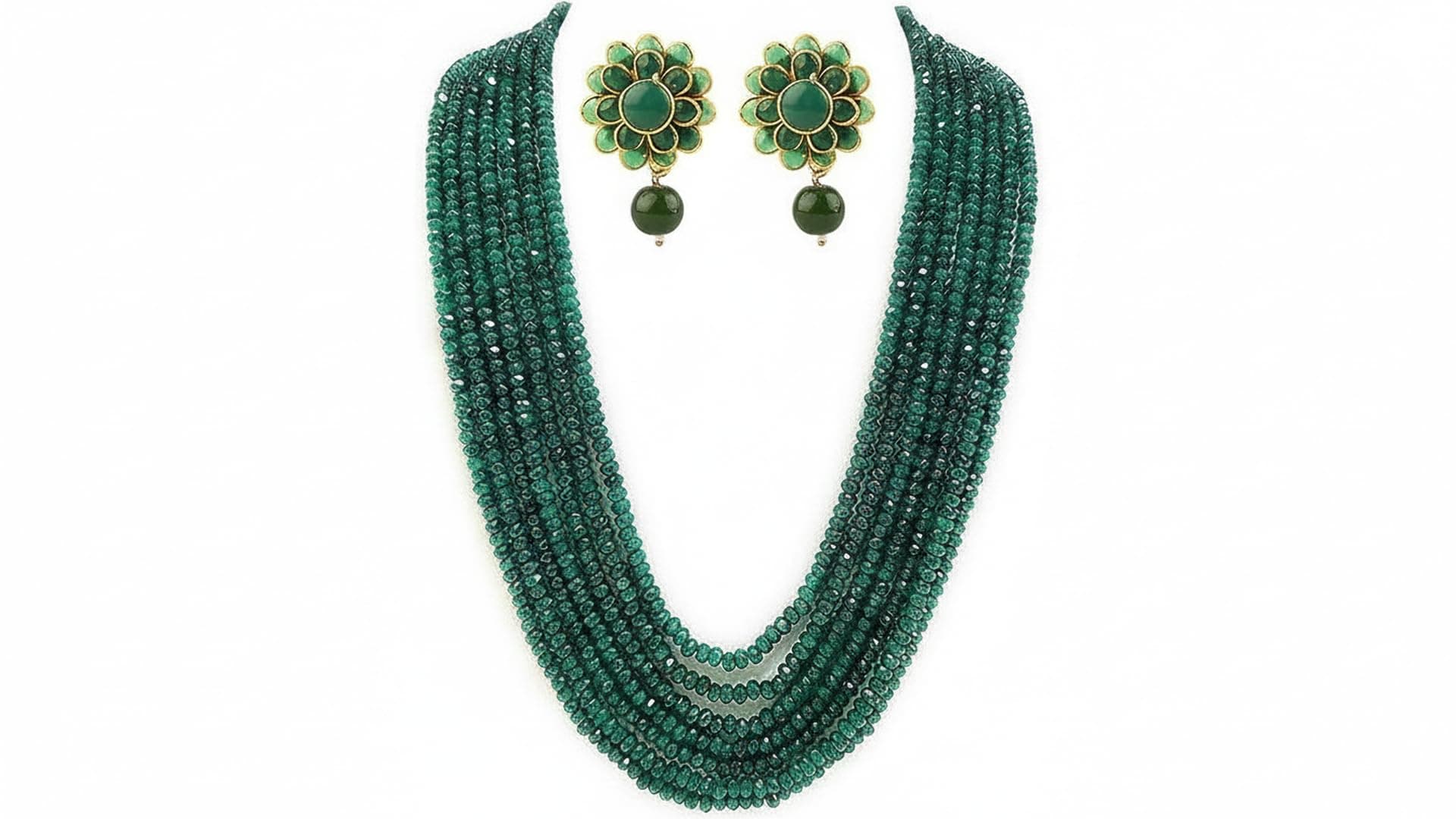 AV FASHION INDIA - Emerald Green Crystal Stone Beads 7 layer Necklace Set For Women and Girl Traditional Wedding Party Multi Layer Mala Fashion Jewellery Green Colour (Same as Shown In Image)