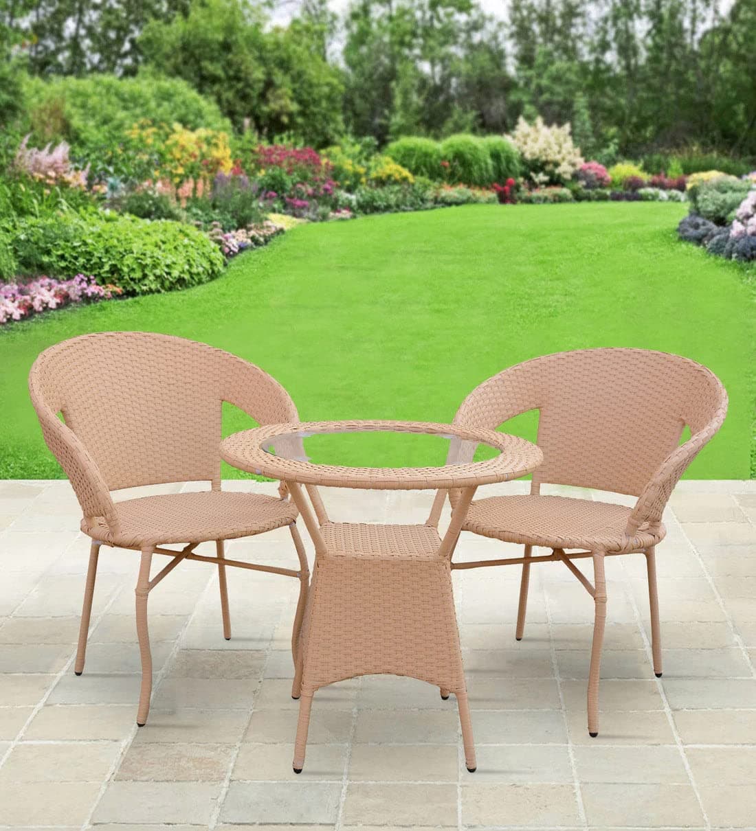 Corazzin Patio Seating Chair and Table Set of 3 Outdoor Furniture Garden Patio Seating Set 2 Chairs & 1 Table Balcony Furniture Coffee Table Sets - (Light Brown) - Hdpe Rattan Uv, 24 Inch