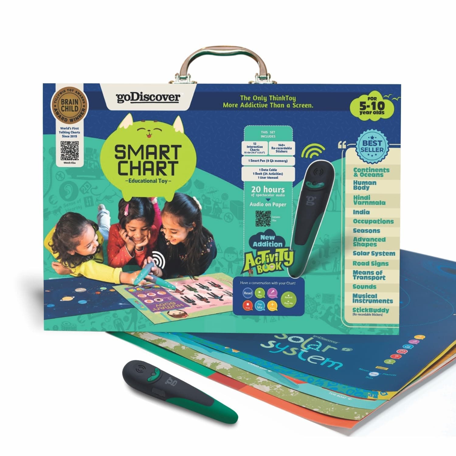 goDiscover Smart Chart with Talking Pen for Kids | 12 Interactive Self Reading Educational Learning Charts with Re-Recordable Stickers & Charger Cable for Age 5 to 10 Years Children