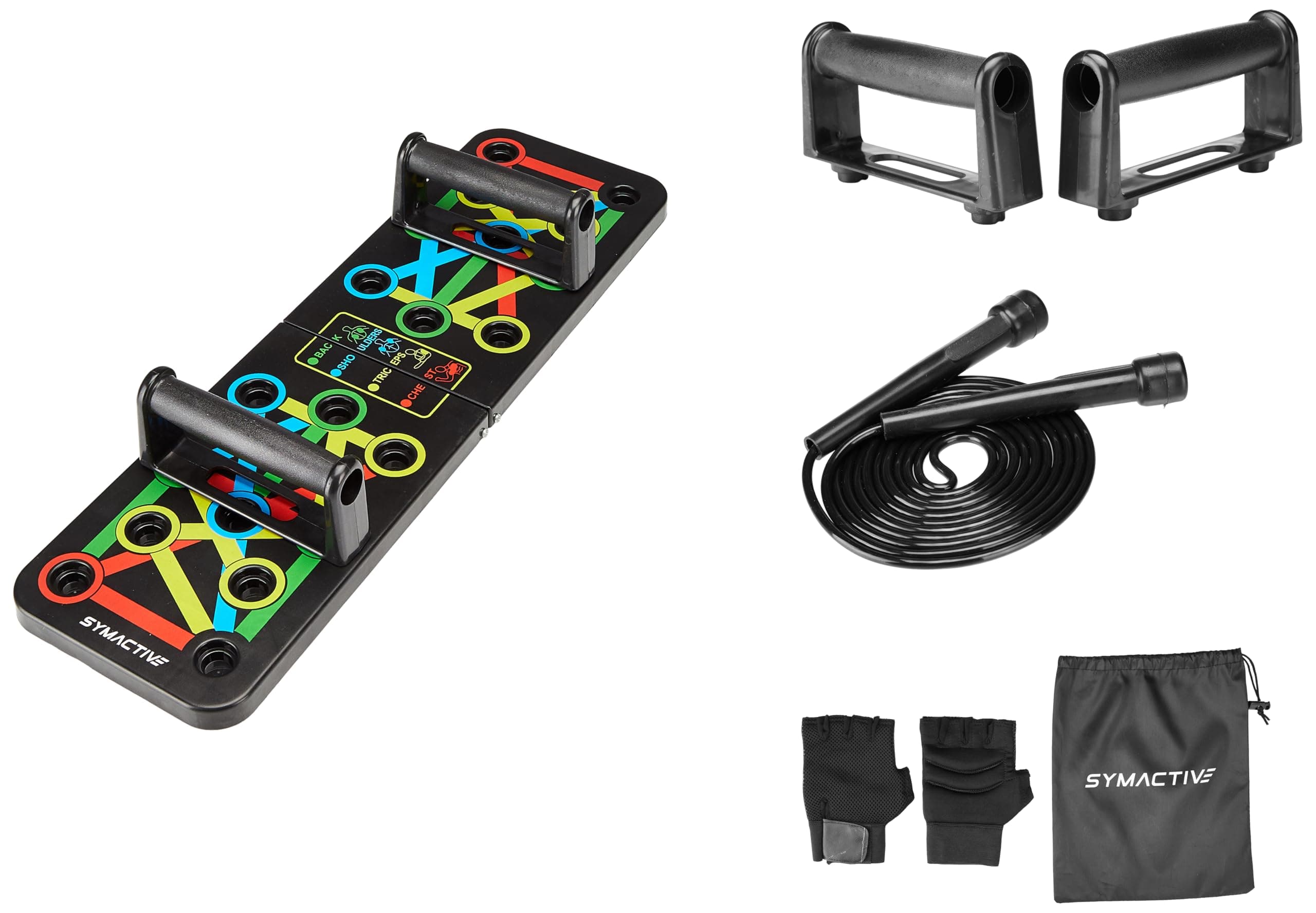 Amazon Brand – Symactive 15-in-1 Foldable Push-Up Board Combo with Bars, Gloves, Skipping Rope and Carry Bag – Unisex Home Workout System
