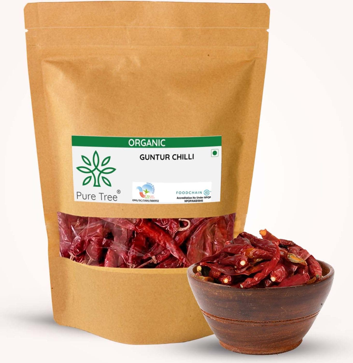 Pure Tree Certified Organic Guntur Mirchi Whole | 350 g | Stemless Guntur Red Chilli Dry | Red Chilly Dried Whole Guntur | Guntur Chilli | Organic Guntur Red Chillies For Pungent Flavor
