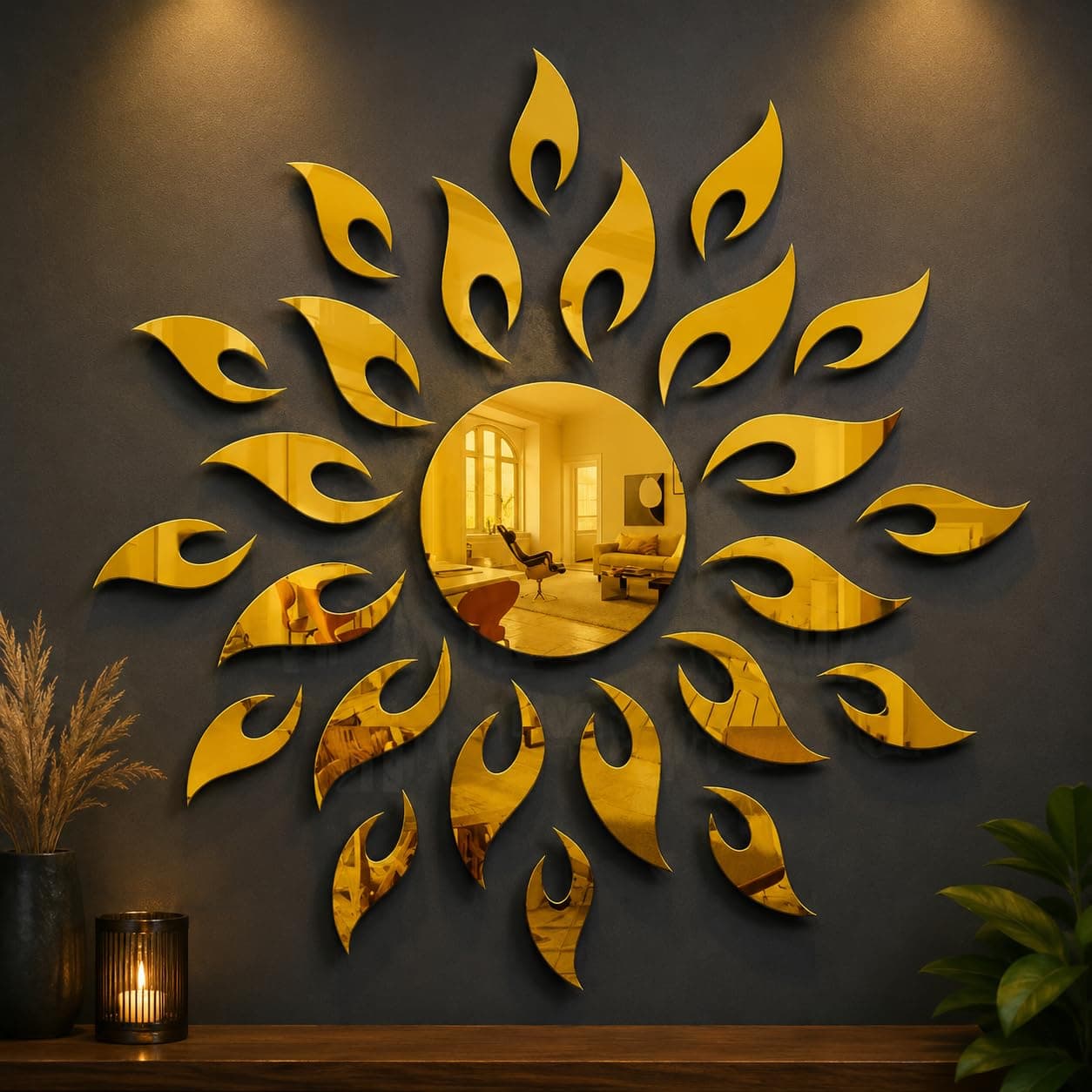 Wall1ders Gold Sun Acrylic Mirror Wall Sticker | 1.5 mm Thick, Self-Adhesive, For Living Room, Bedroom, Hall Room, Kitchen & Office