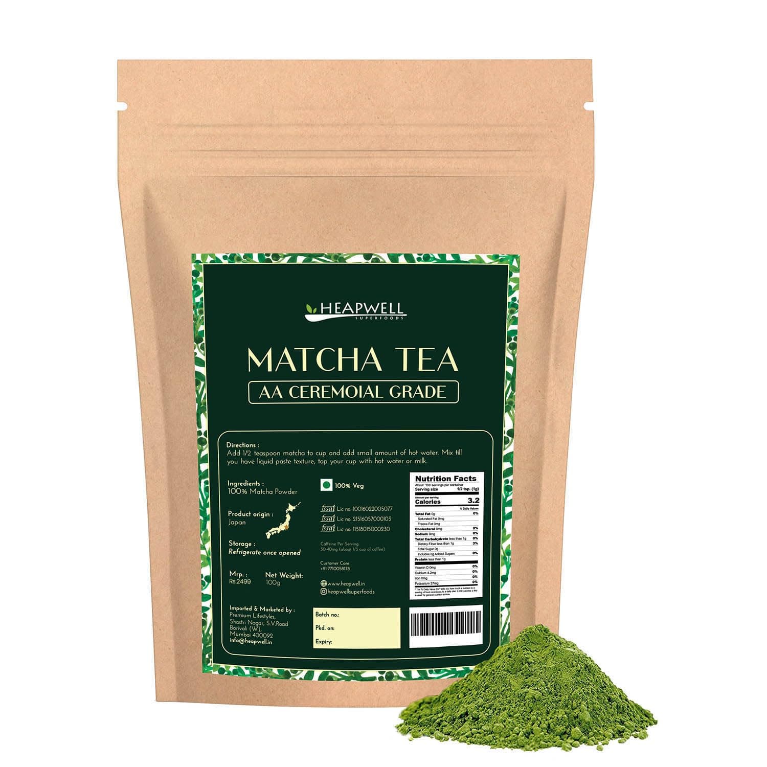 Heapwell Superfoods Japanese Ceremonial Matcha Green Tea Powder, AA Grade, 100 Grams