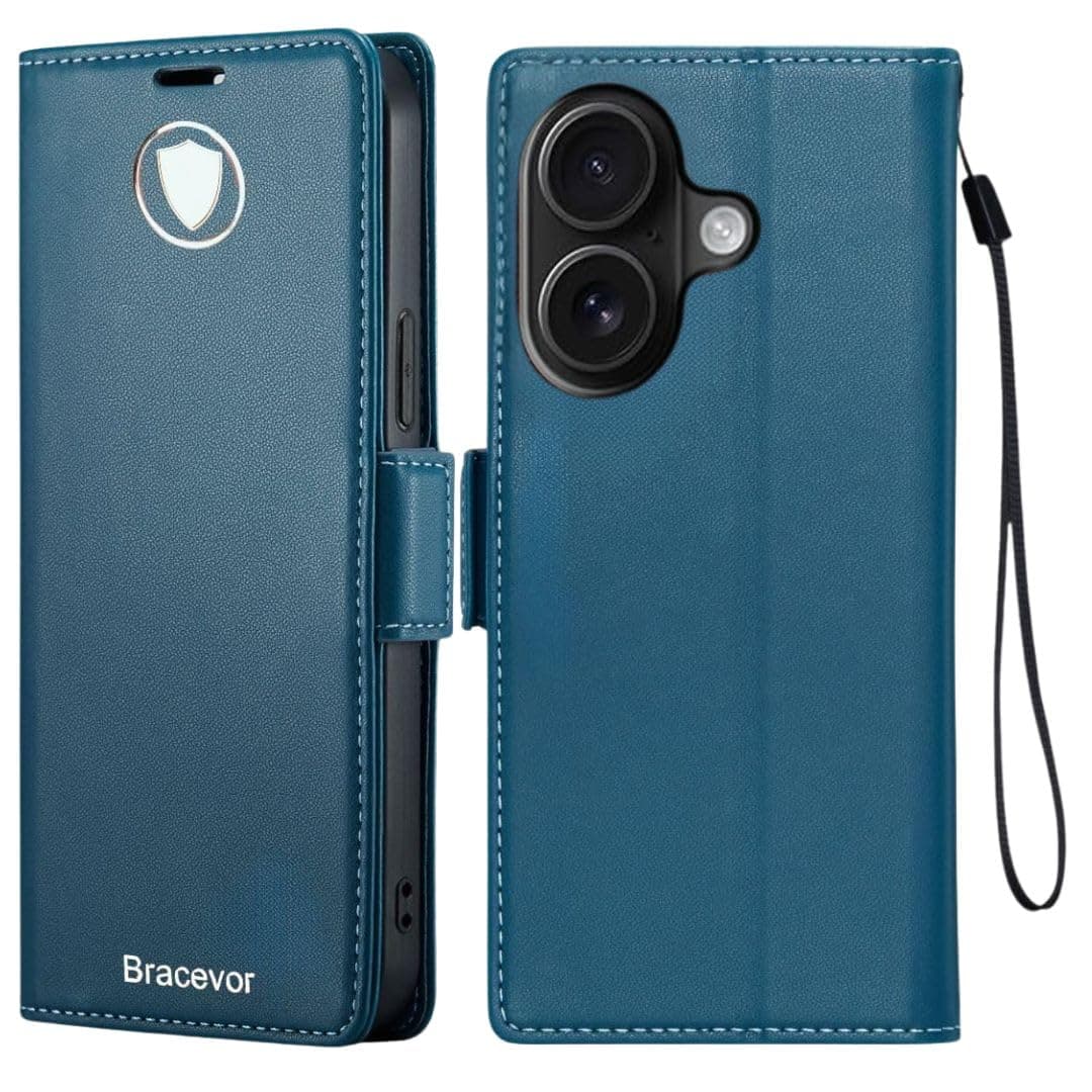 Bracevor Deluxe Leather Flip Cover case for iPhone 16 : Blue | Full Camera Cover | RFID Blocking Wallet Pockets | 360 Degree Protection
