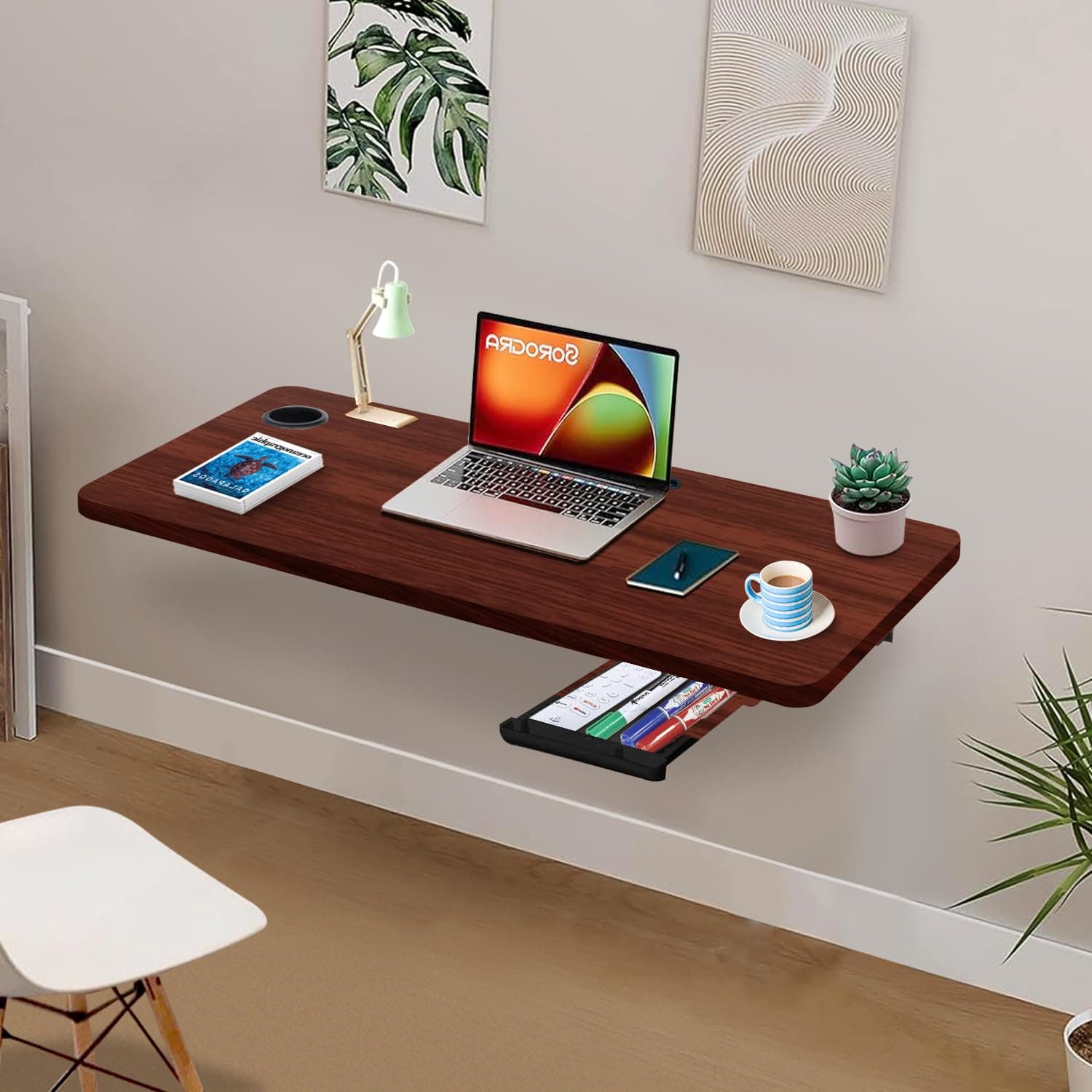 wow craft Wall-Mounted Multipurpose Study Table for Home & Office | Foldable Wooden Desk with Drawer, Cable Slot & Cup Holder | Space Saving Workstation (Brownn)