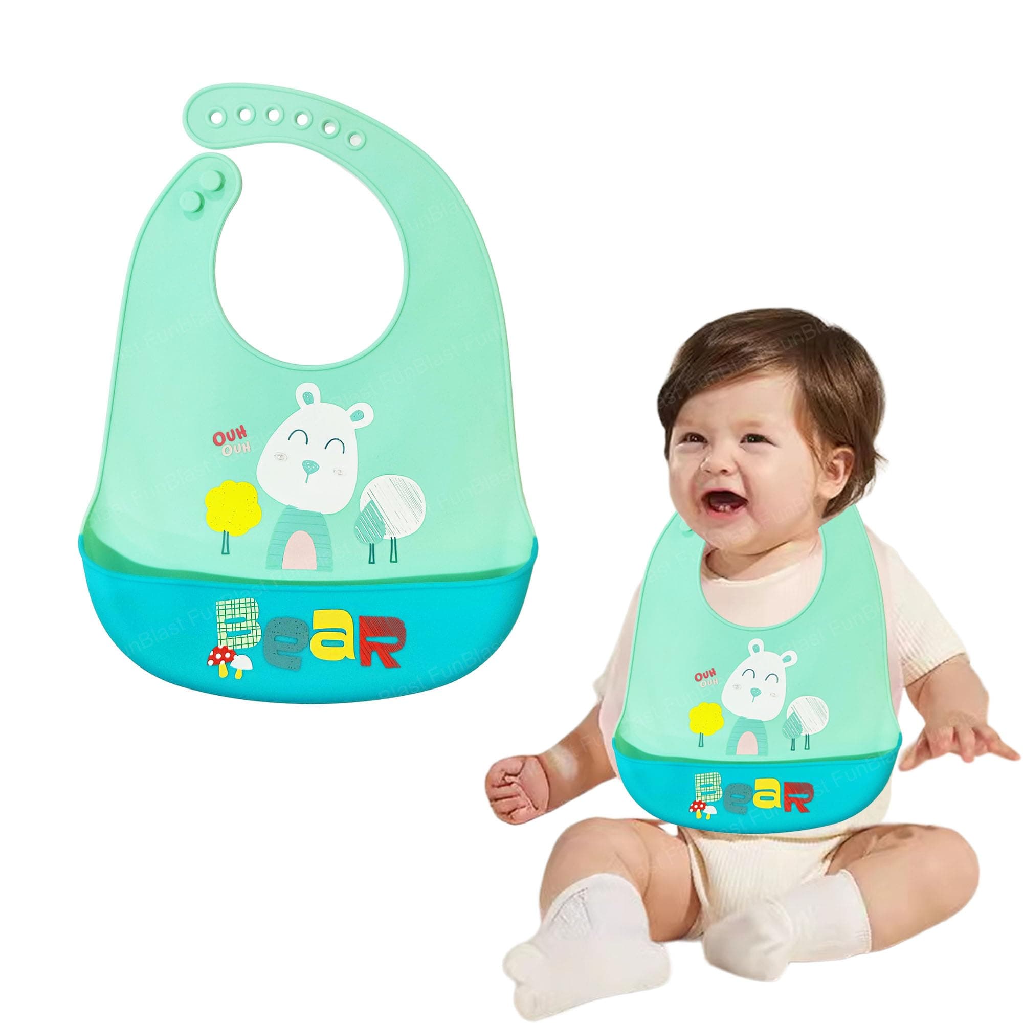 FunBlast Silicone Baby Bib with Adjustable Strap - Waterproof Baby Bib for Feeding & Weaning, Non Messy Easy to Clean, Baby Bibs, Reusable Bibs for 6 to 12 Months Babies, Toddlers
