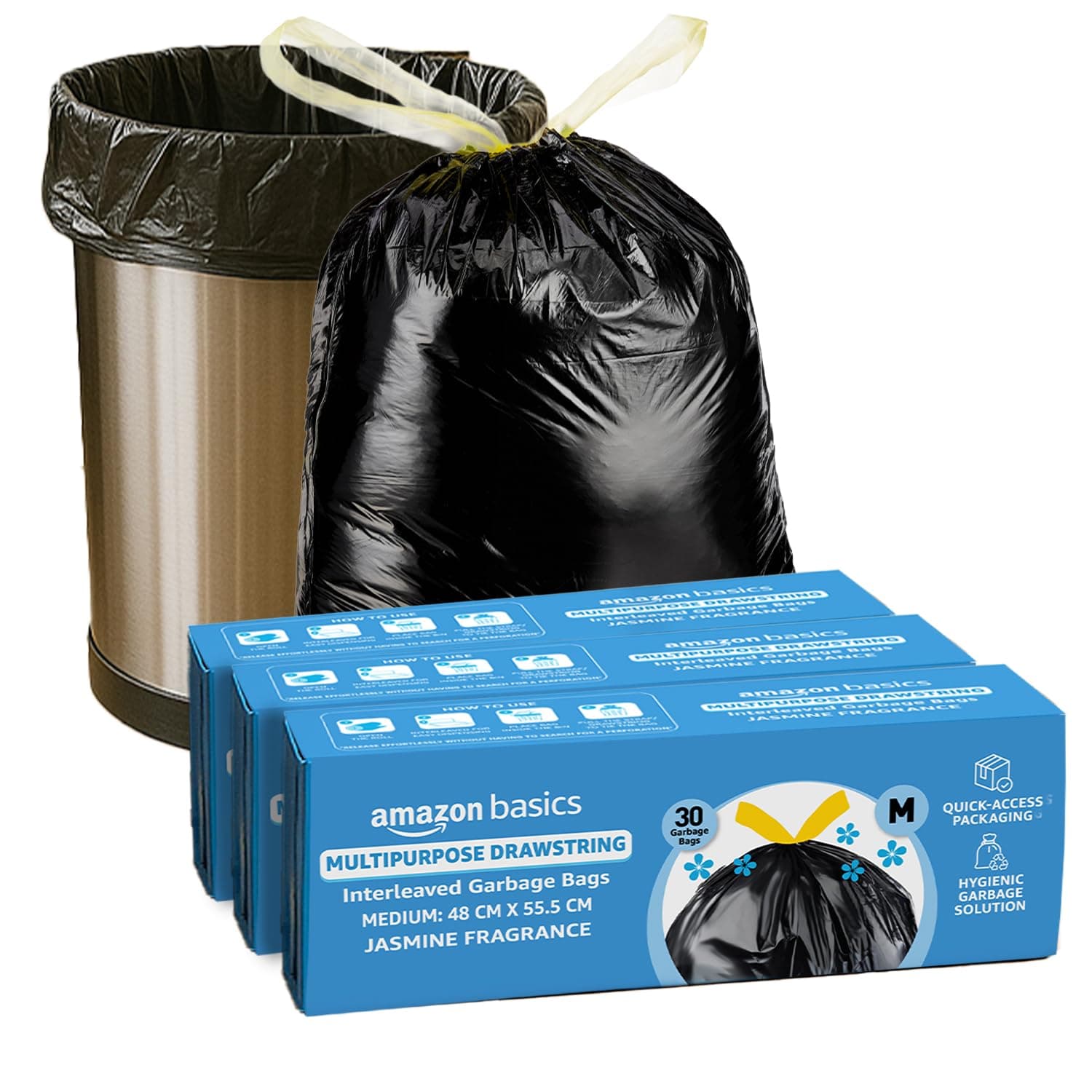 Amazon Basics Multipurpose Drawstring Garbage Bags | Medium | 120 Count | 30 Bags x Pack of 4 | Heavy Duty | Jasmine Fragrance | Odour Control | No Tearing Needed