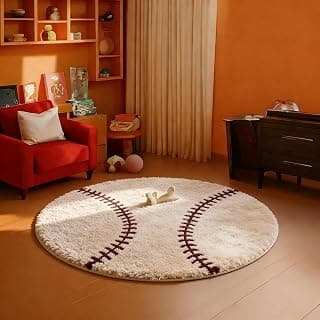 Luxury Round Shaggy Carpet, Soft Mat, Multi-Color Ball Pattern, Baseball Design (3X3 feet)