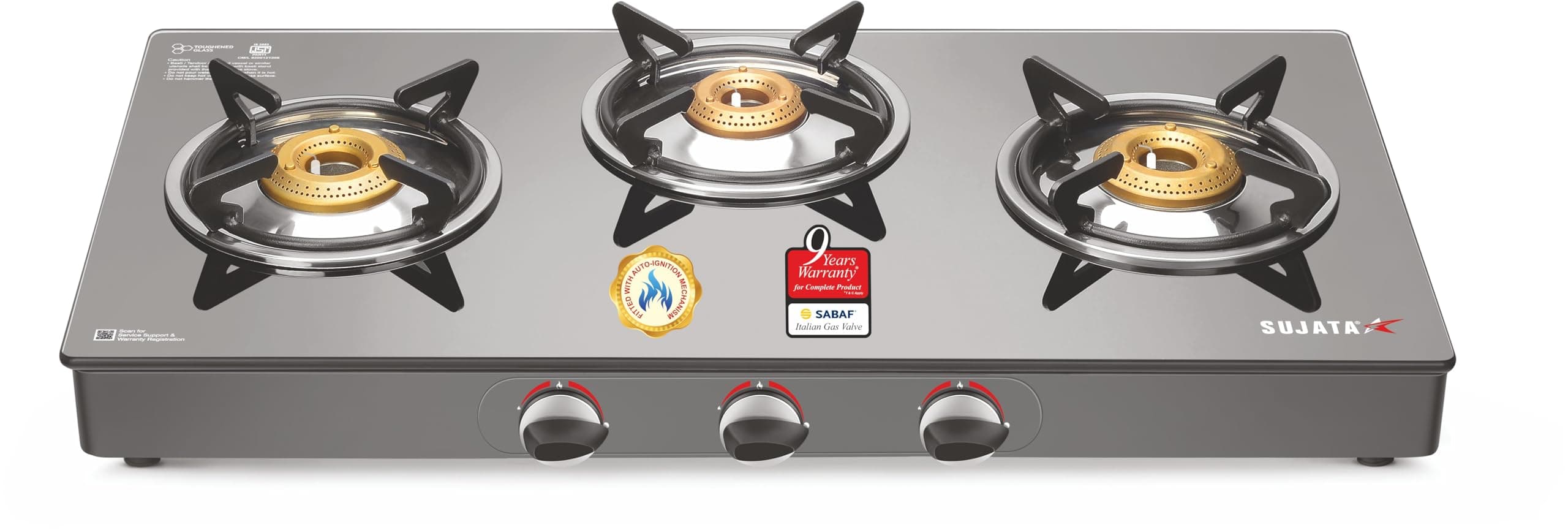 Sujata Standard 3 Burner Auto Ignition Gas Stove | 9 Years Warranty|Toughened Glass Top | ISI Certified | SABAF Valves | LPG & PNG Compatible | 360° Rotating Nozzle |(Black)