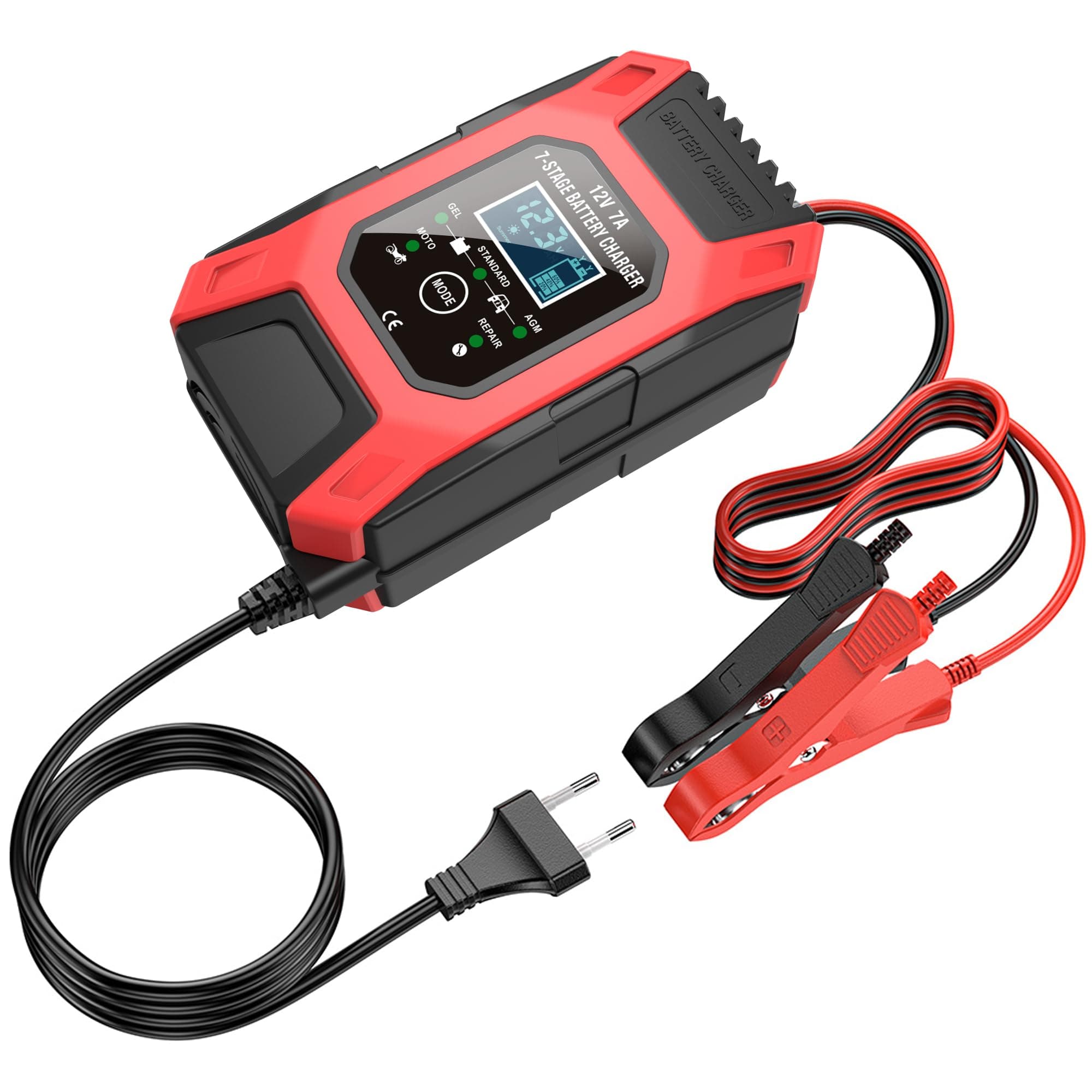 Sounce Fully Automatic 7A 12V Car & Bike Battery Charger: Smart Battery Maintainer with Intelligent Digital Display & Multi-Protection: Compatible with AGM, Gel, Wet Lead-Acid, Calcium Batteries
