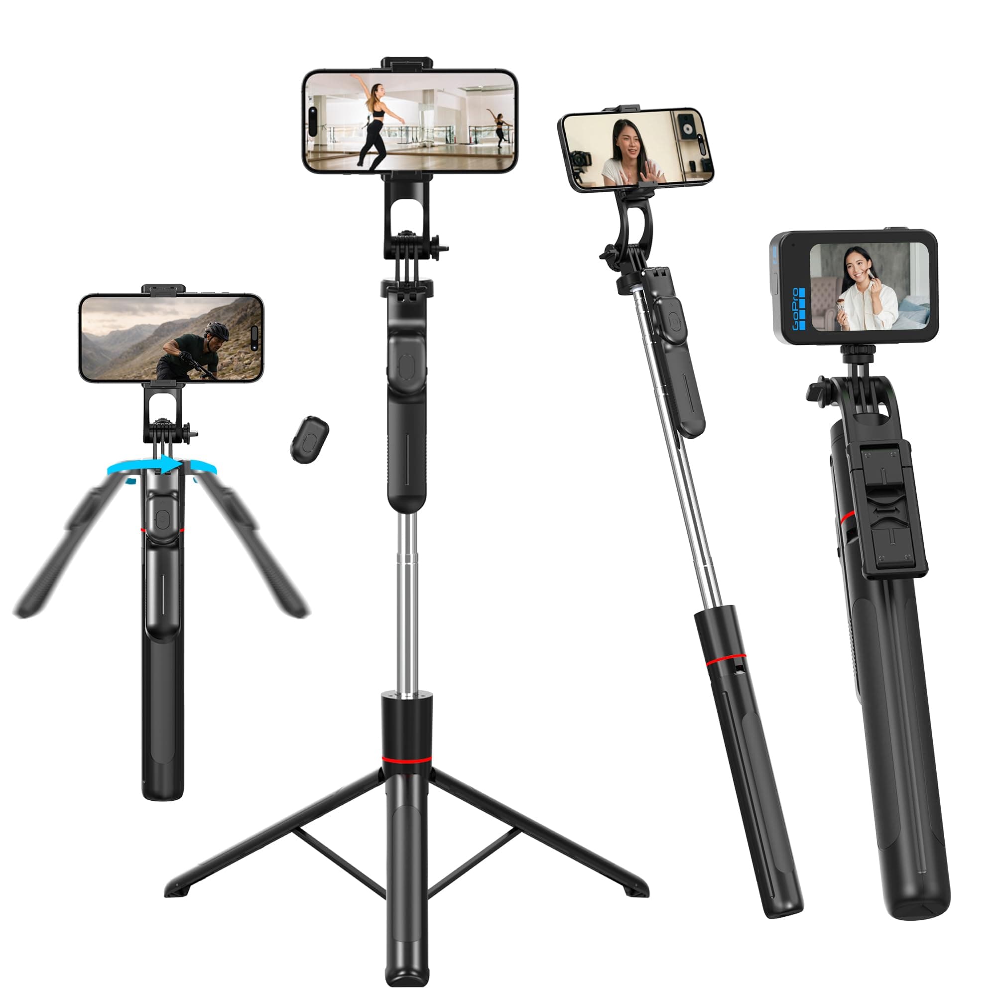 Sounce 5.57ft Foldable Tripod Selfie Stick for Smartphones & GoPro | 360° Rotation | 7 Section Adjustable | 3-Leg Stable Base | 2kg Load Capacity | 10m Wireless Remote | for Selfies & Vlogging