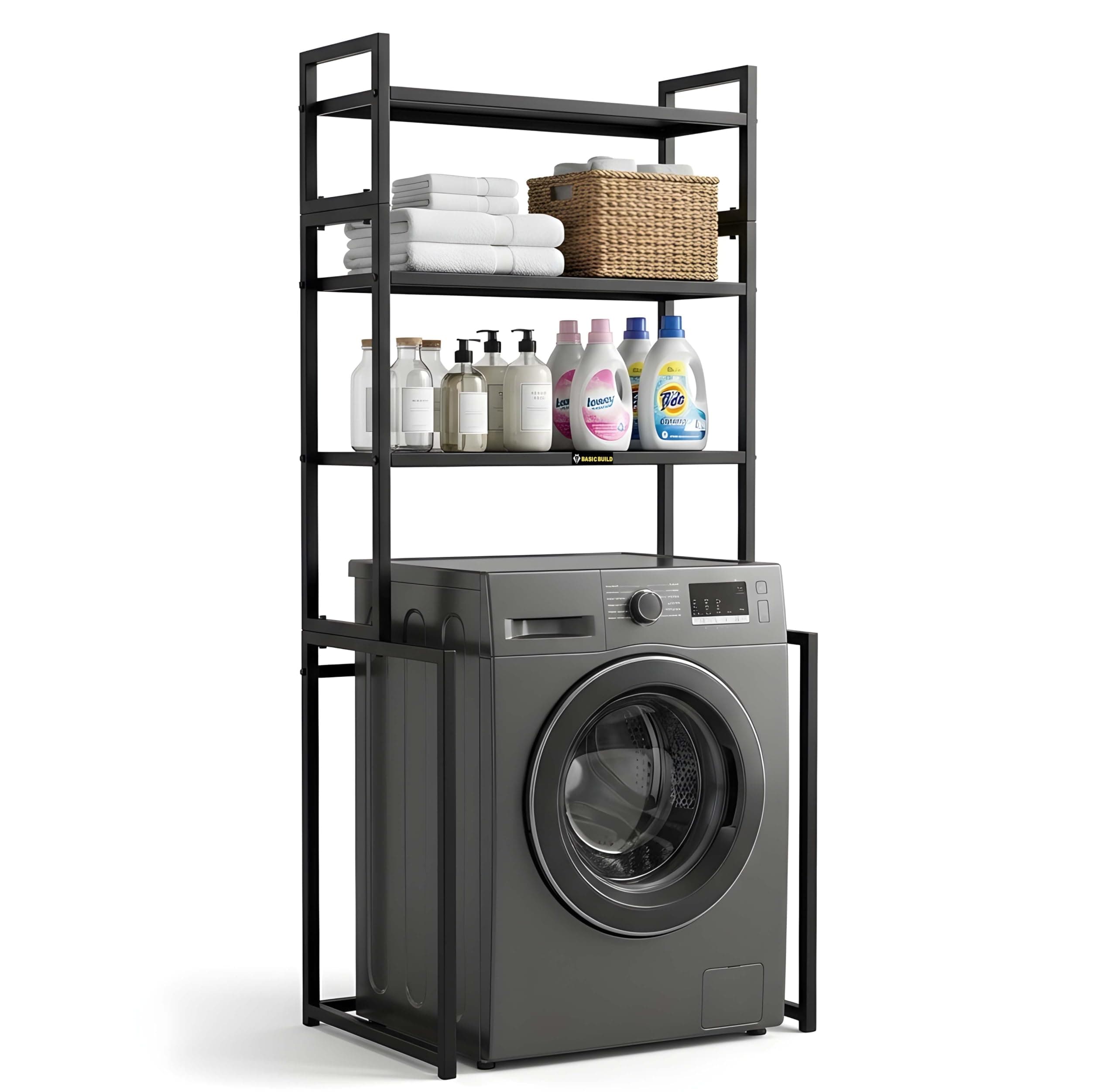 Basic Build Heavy Duty Washing Machine Stand with Storage Shelves | Multi-Purpose Front Load Machine Rack for Bathroom & Laundry Room | Metal Over Washer Organizer Shelf for Home & Kitchen (Black)
