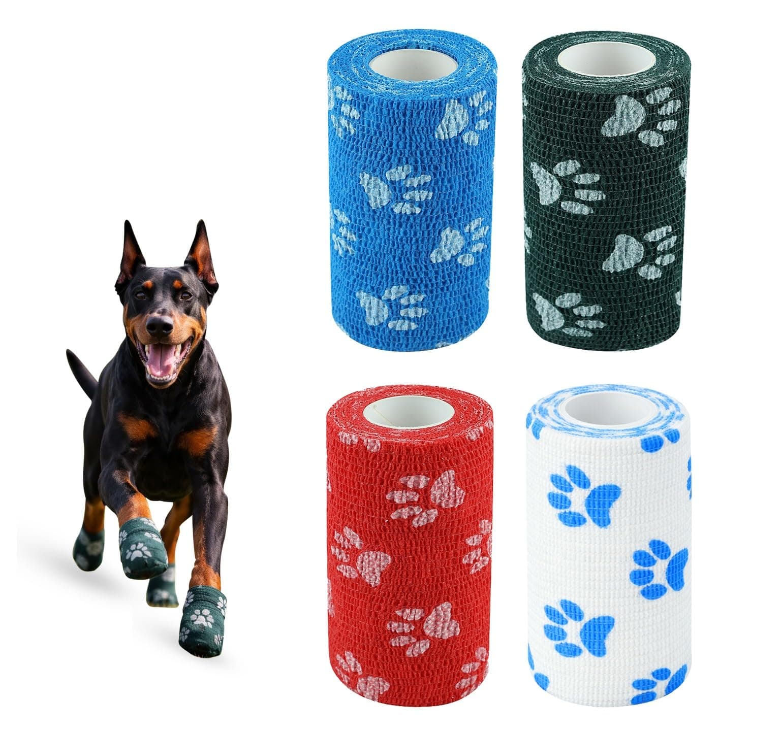 TitanPets Dog Bandage Cohesive Wrap for Paw & Leg | 10cm x 4.5m – Pack of 4 | Easy Tear, Fur Safe | Self Adhesive Elastic Vet Tape for Walking Protection, Wound Care & Licking Prevention Bandage Roll