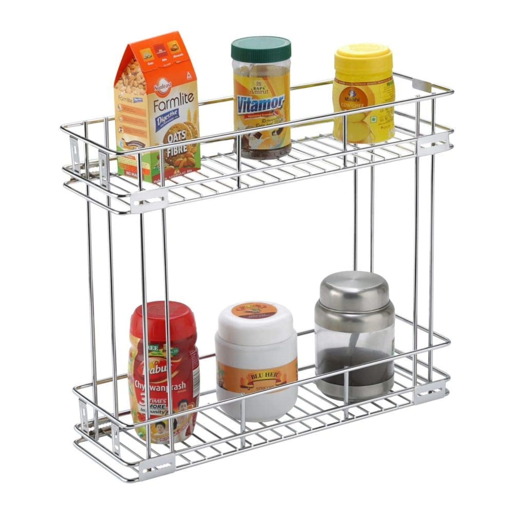 SmartSlide 2 Shelves Stainless Steel Bottle Pull out Basket/Modular Kitchen Basket/Kitchen Cabinet Drawer/Multipurpose Container Shelf Organizer/Kitchen Trolley (10 X 22 X17 INCH)