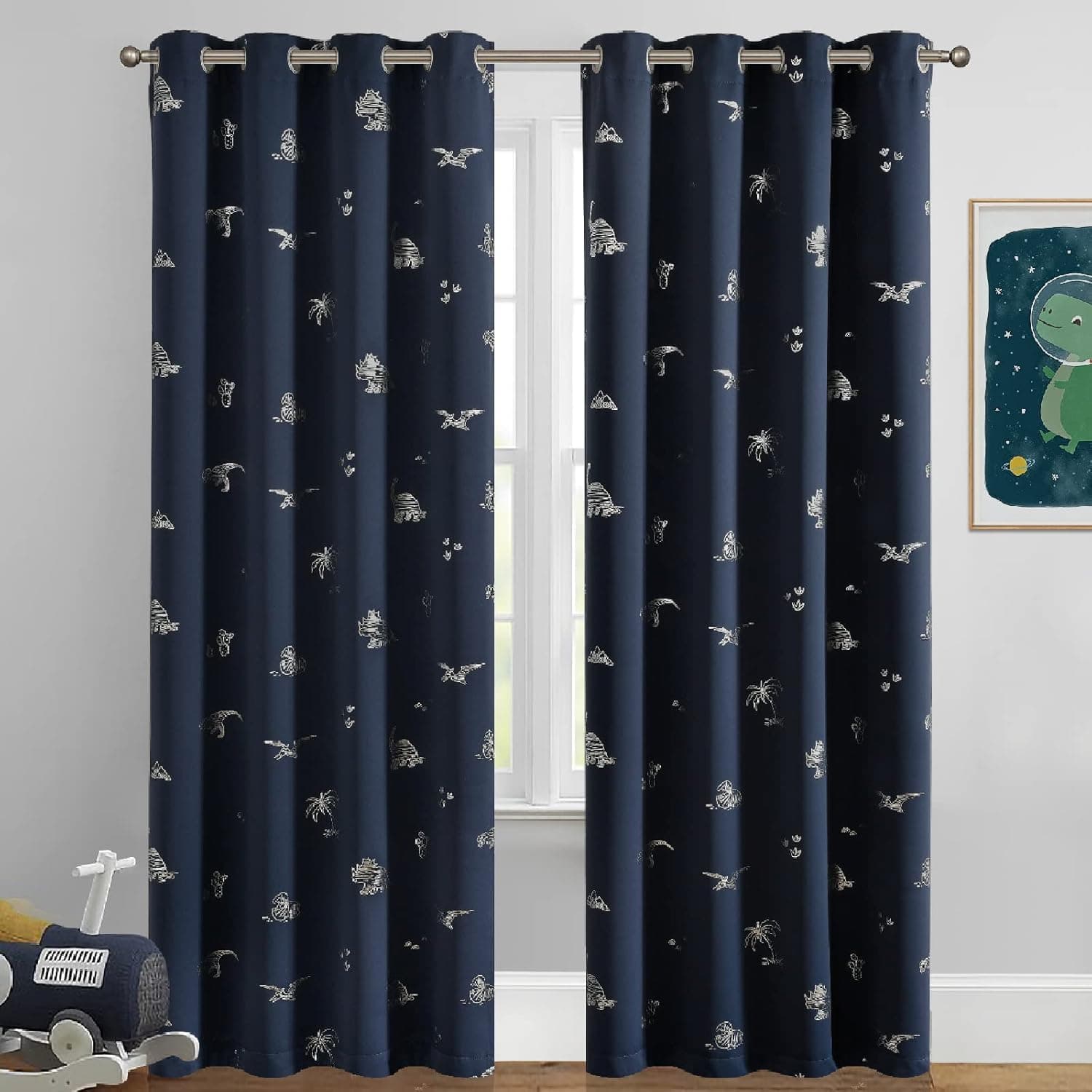 BFAM Kids Blackout Curtains 5 feet Set of 2 – 100% Room Darkening, Thermal Insulated, Noise Reducing, Cute Blue Dino Prints, Eyelet Curtains for Playroom, Bedroom & Nursery, Set of 2