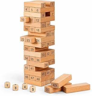 WUDLY® Wooden Number Stacking Tower Game for Kids 3+ & Adults, 54 Beechwood Blocks, Brain Teaser Puzzle, Indoor Family Board Game, Tumble Tower Balance Toy, Birthday Gift for Boys and Girls