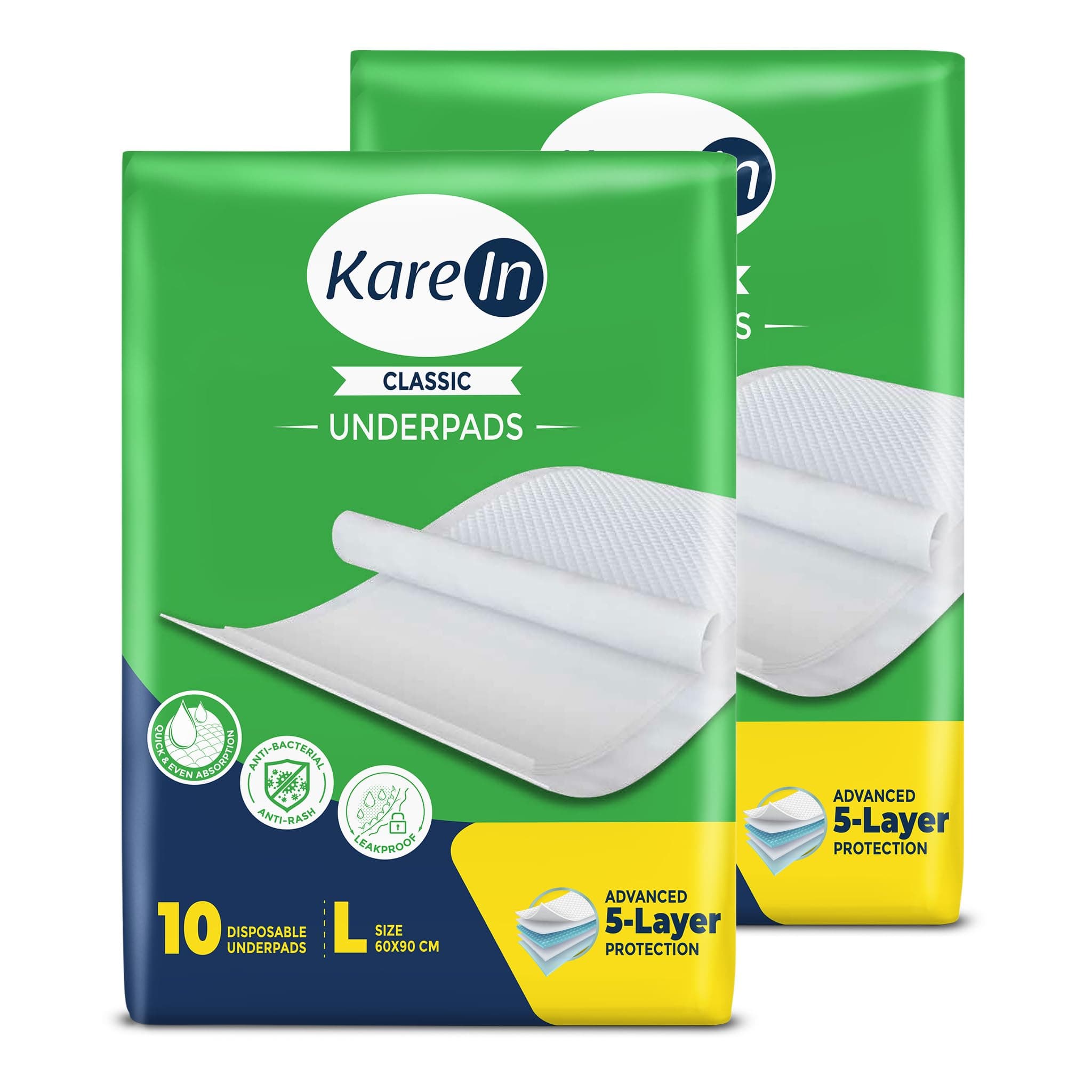 KareIn Classic Underpads For Adults, Large 60 x 90 cm, 20 Unit, Highly Absorbent, Anti-Bacterial, Rash Protection, Leak Proof, Protects Surfaces from Incontinence, Odor Control, Super Soft