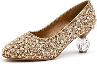 STELLAH Women’s Embellished Rose Gold Bridal Heels – Handcrafted Crystal & Pearl Stiletto Pumps with Unique Geometric Clear Heel – Luxury Festive Footwear for Weddings & Parties