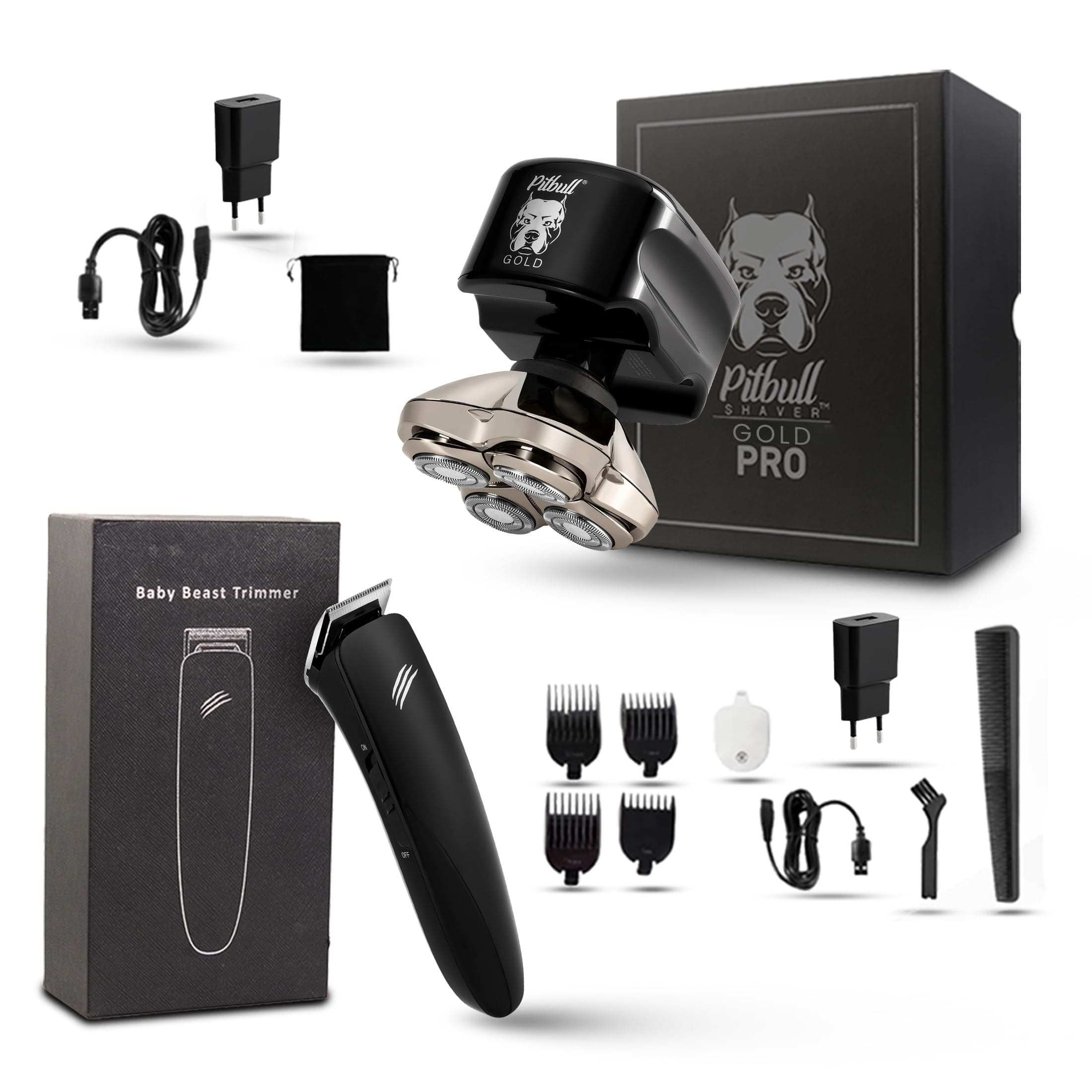 Skull Shaver Pitbull Gold Plus with Baby Beast Trimmer: Electric Head Shaver and Trimmer for Head, Underarms, Chest, Back Grooming Kit, Waterproof, No Nicks